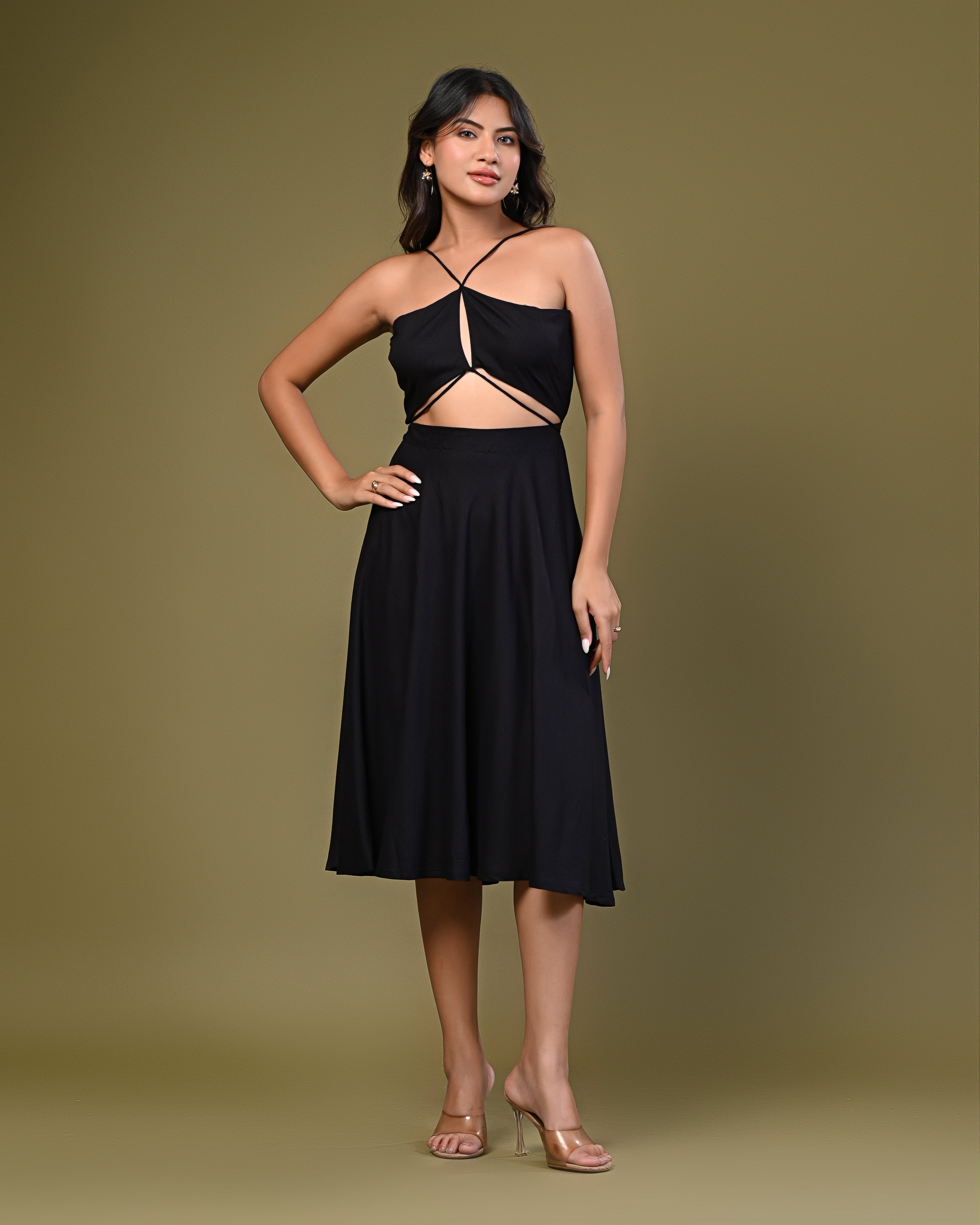 Women's Solid Black Cut-Out Midi Dress