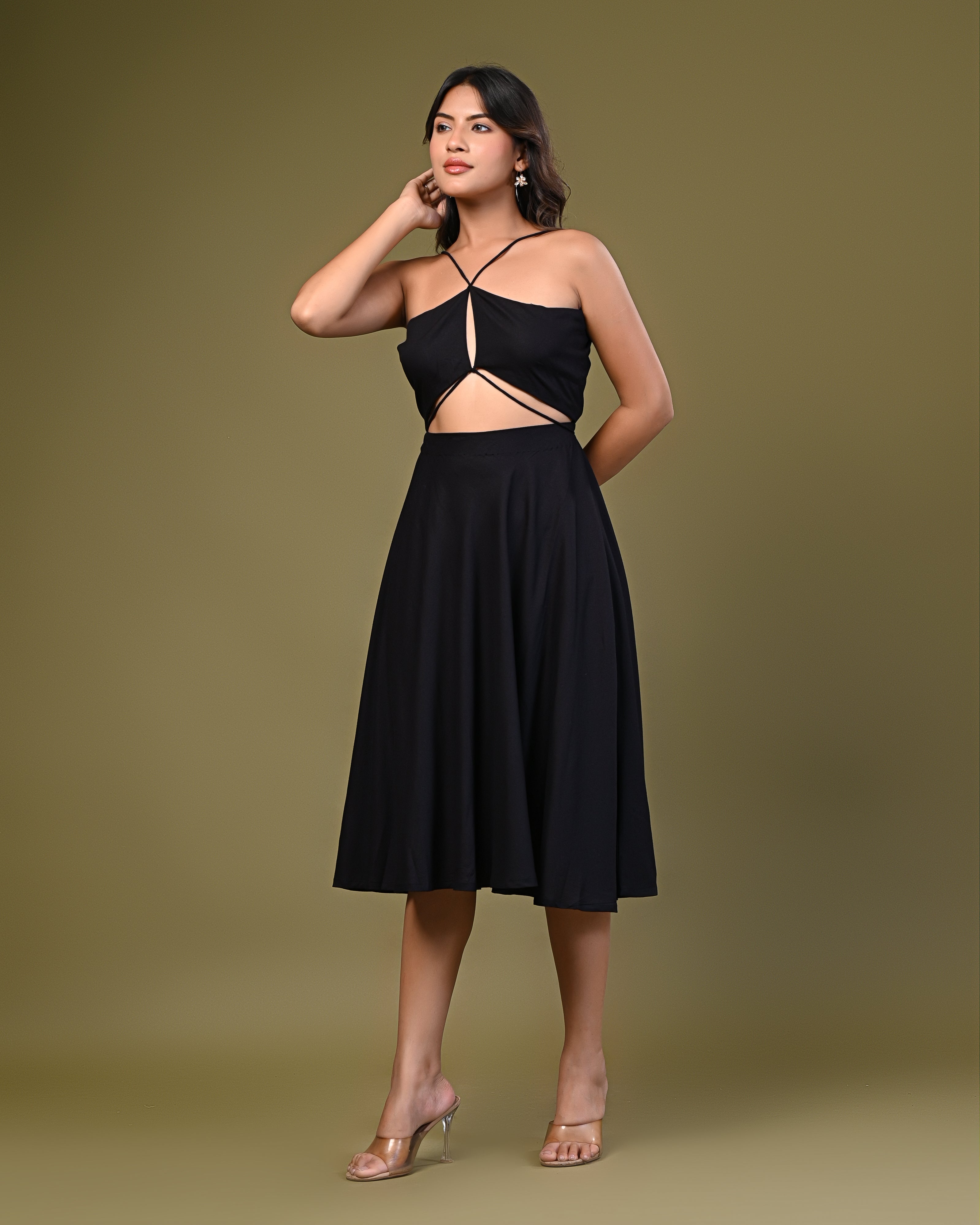 Women's Solid Black Cut-Out Midi Dress