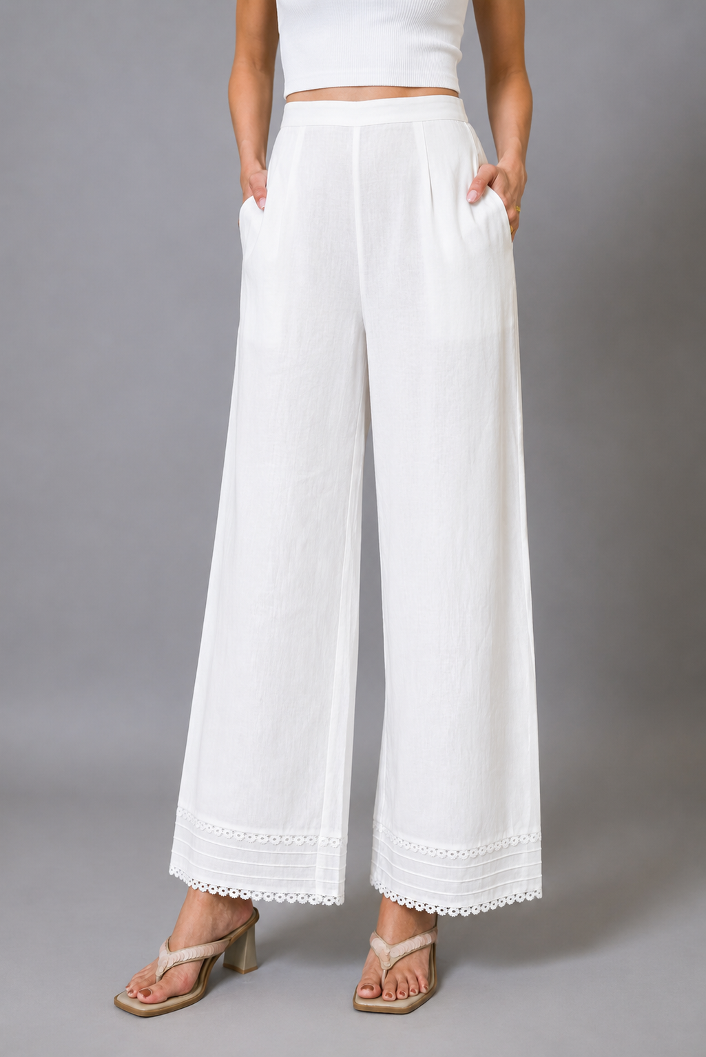 Everyday White Cotton Pants with Lace Border