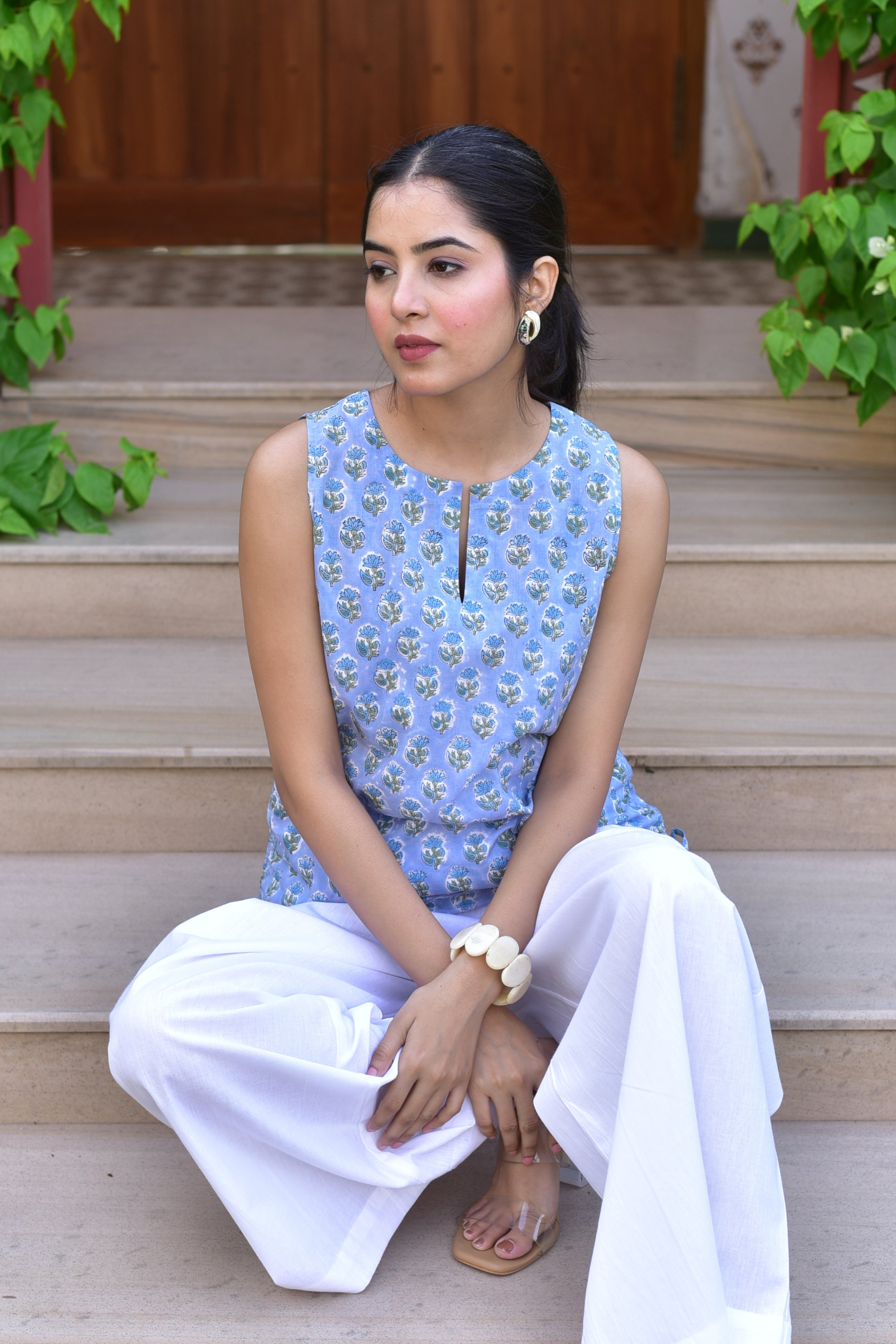 The Breezy Blue Floral Block-Print Top