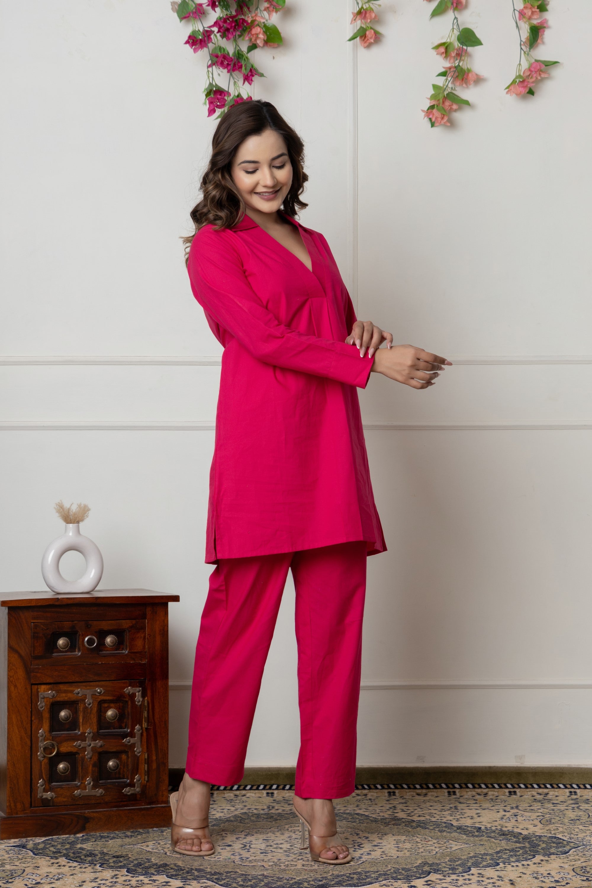 Solid Fuchsia Pink Cotton Co-ord Set