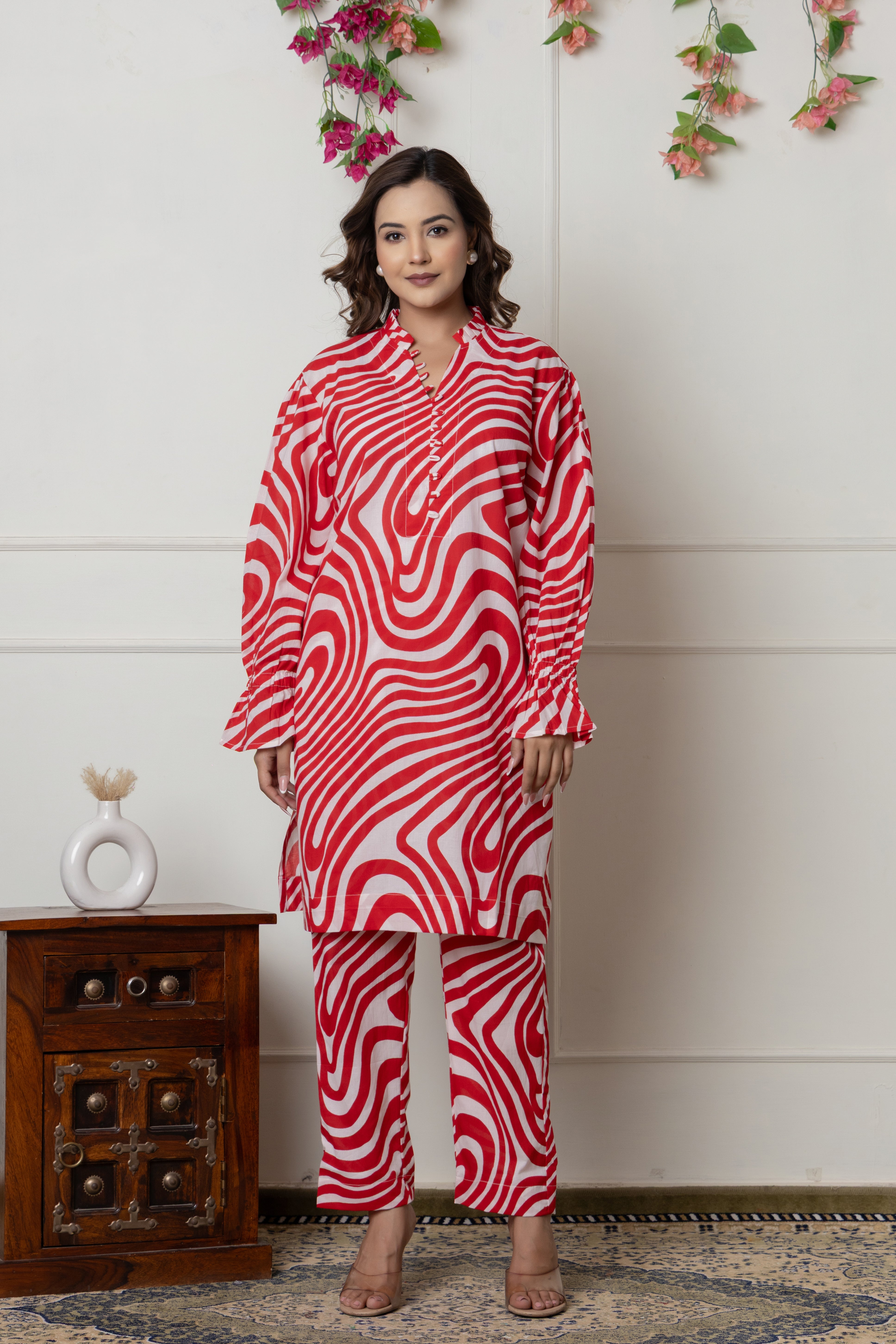 Red & White Abstract Printed Cotton Co-ord Set