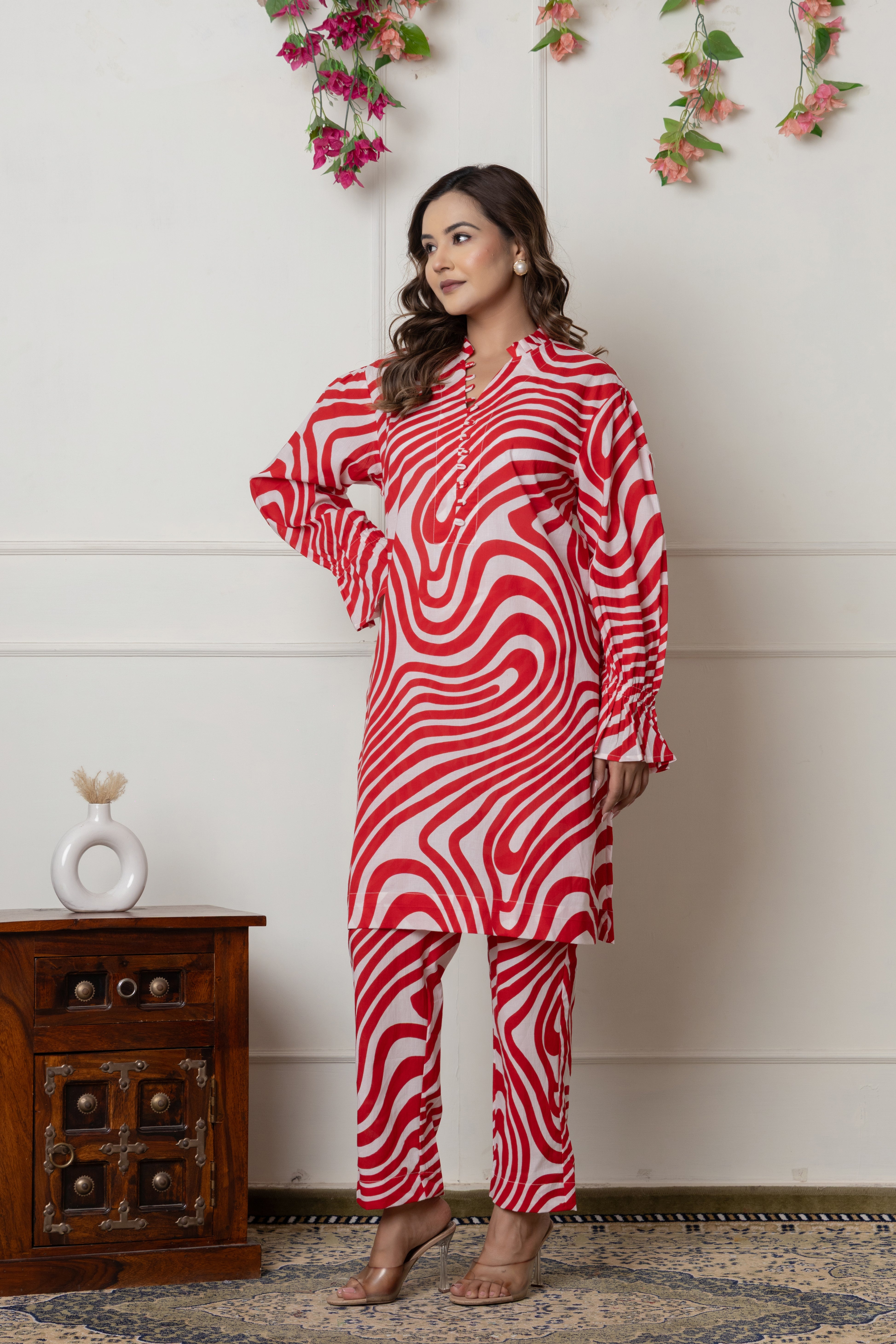 Red & White Abstract Printed Cotton Co-ord Set