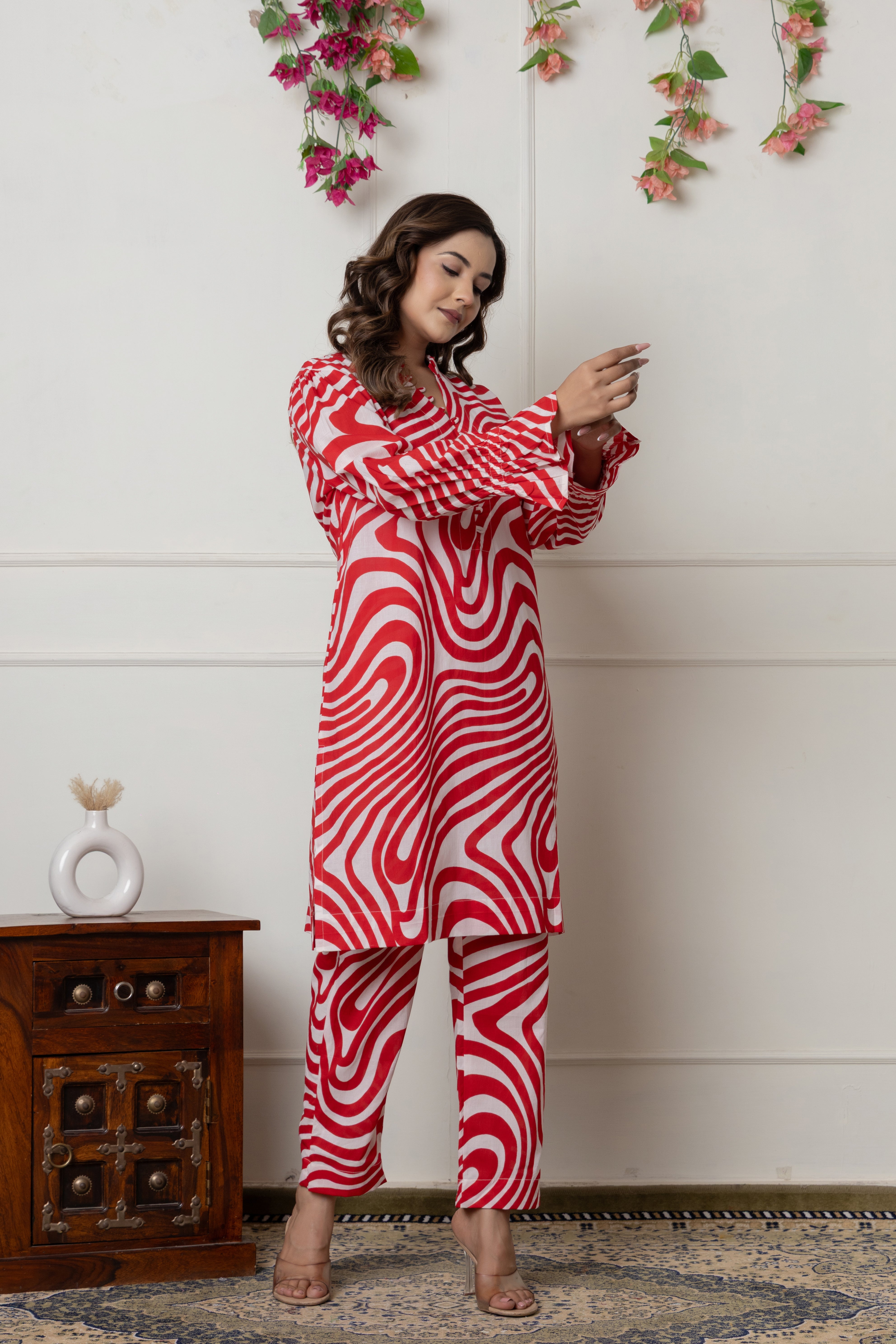 Red & White Abstract Printed Cotton Co-ord Set