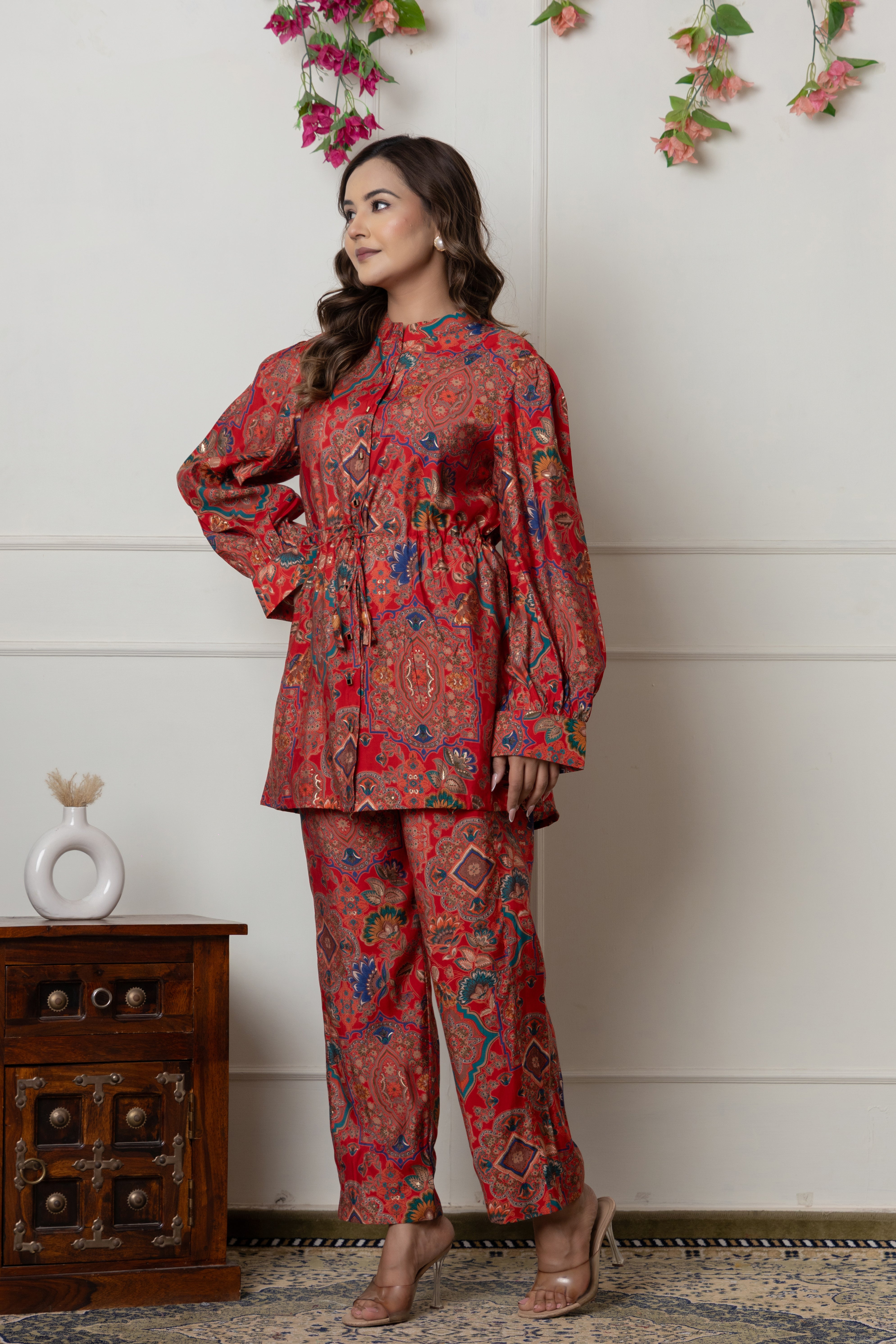 Ethnic Red Printed Drawstring Co-ord Set