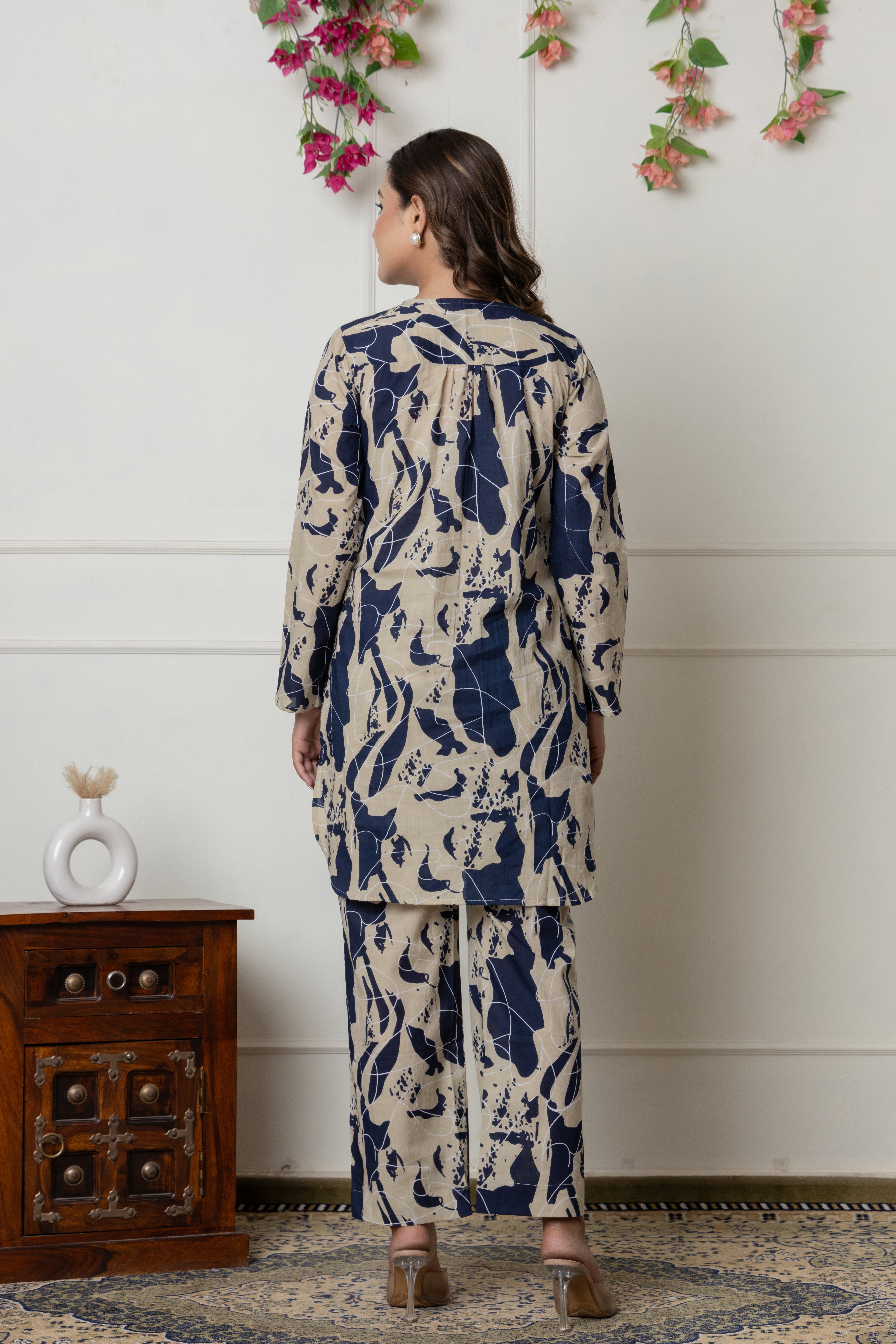 Navy & Beige Abstract Printed Cotton Co-ord Set