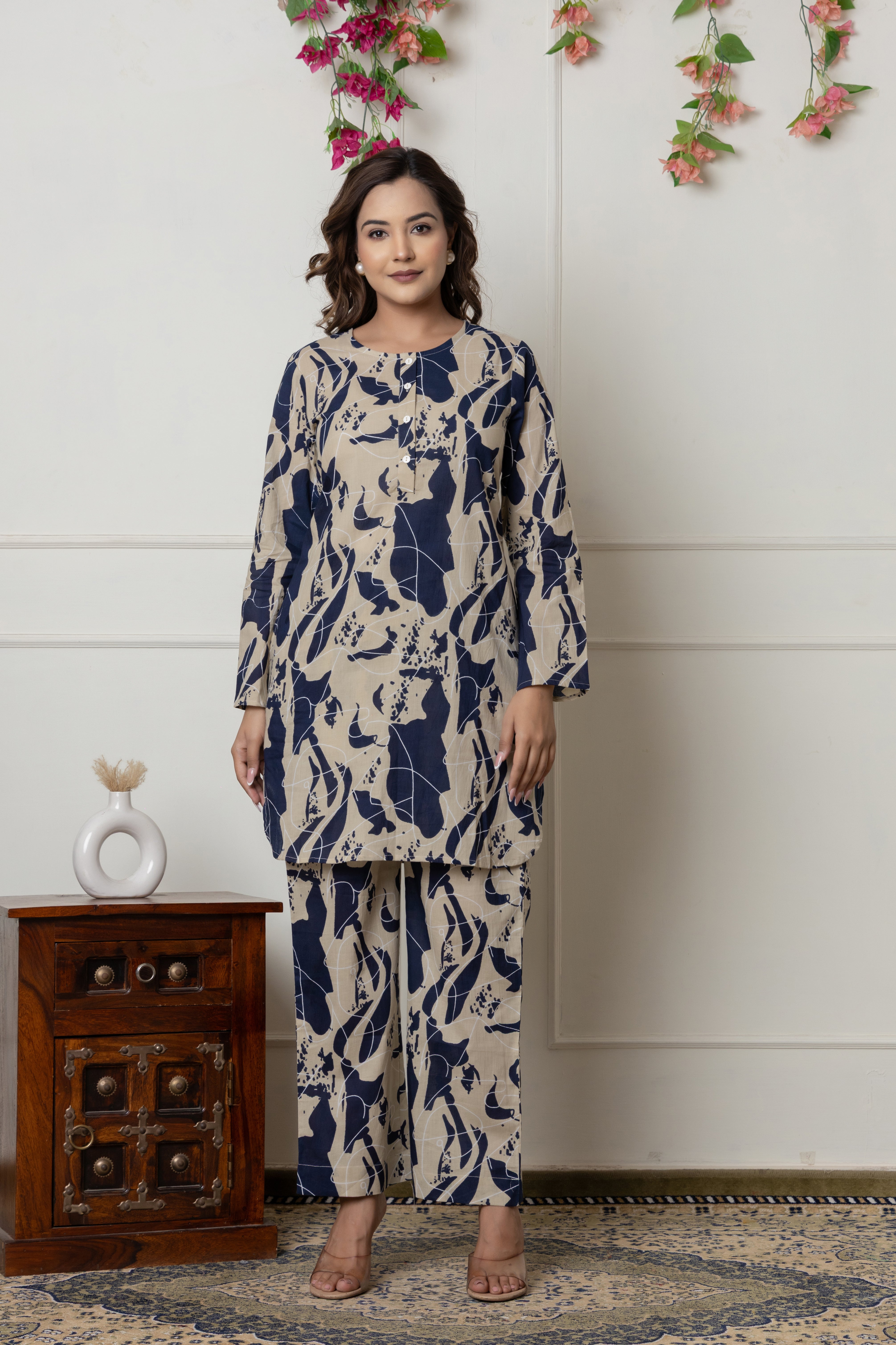 Navy & Beige Abstract Printed Cotton Co-ord Set