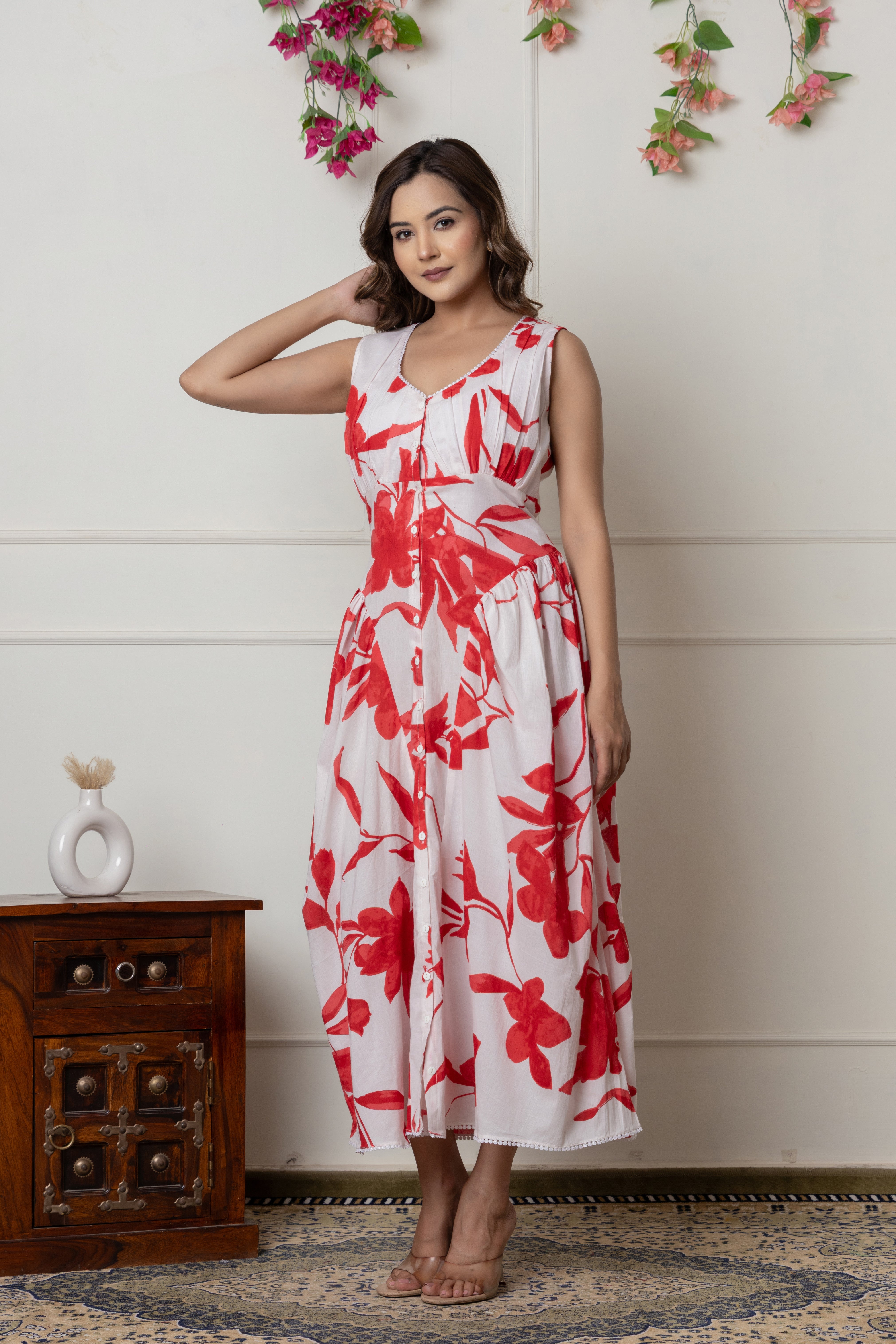 White & Red Floral Printed Sleeveless Cotton Dress