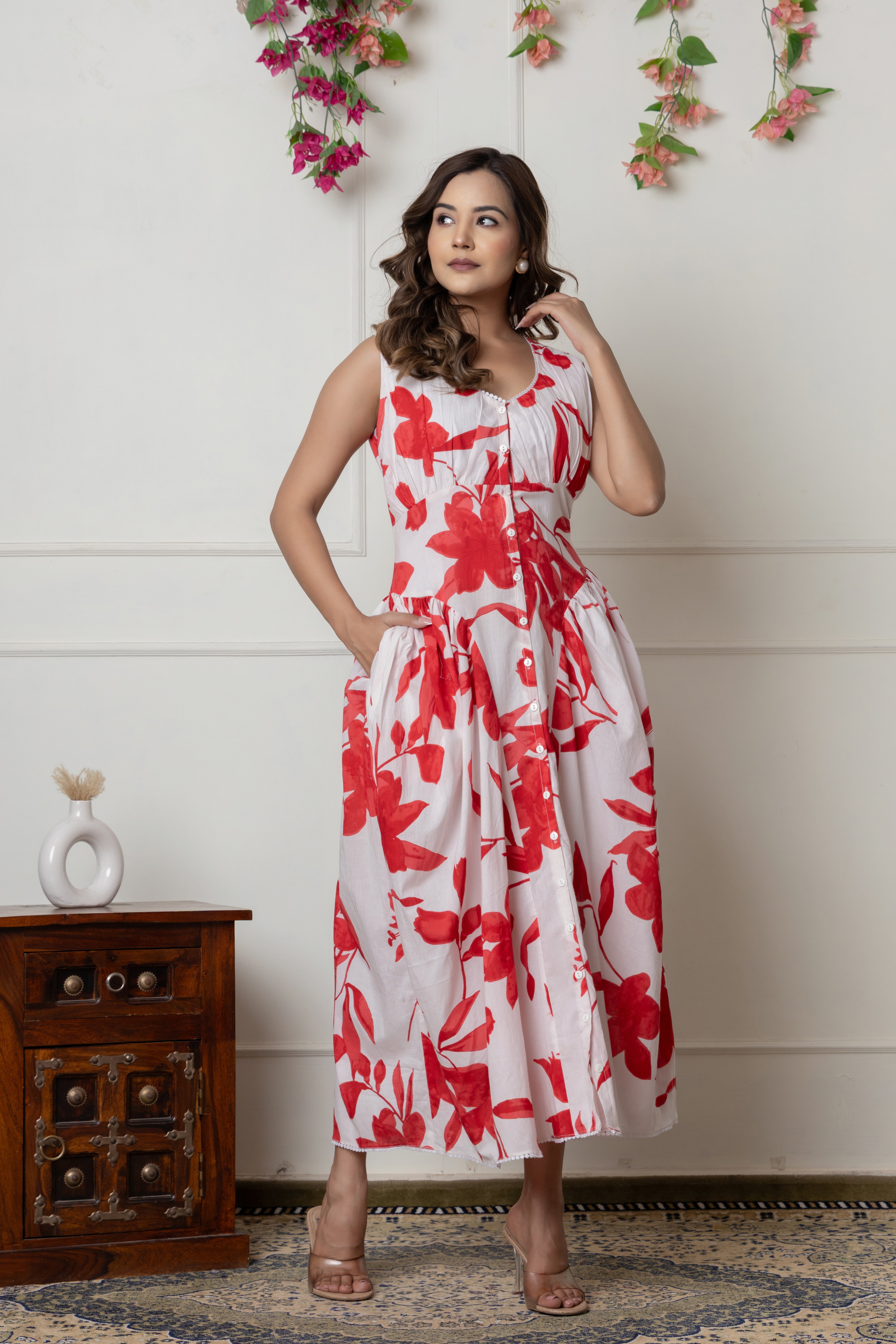 White & Red Floral Printed Sleeveless Cotton Dress
