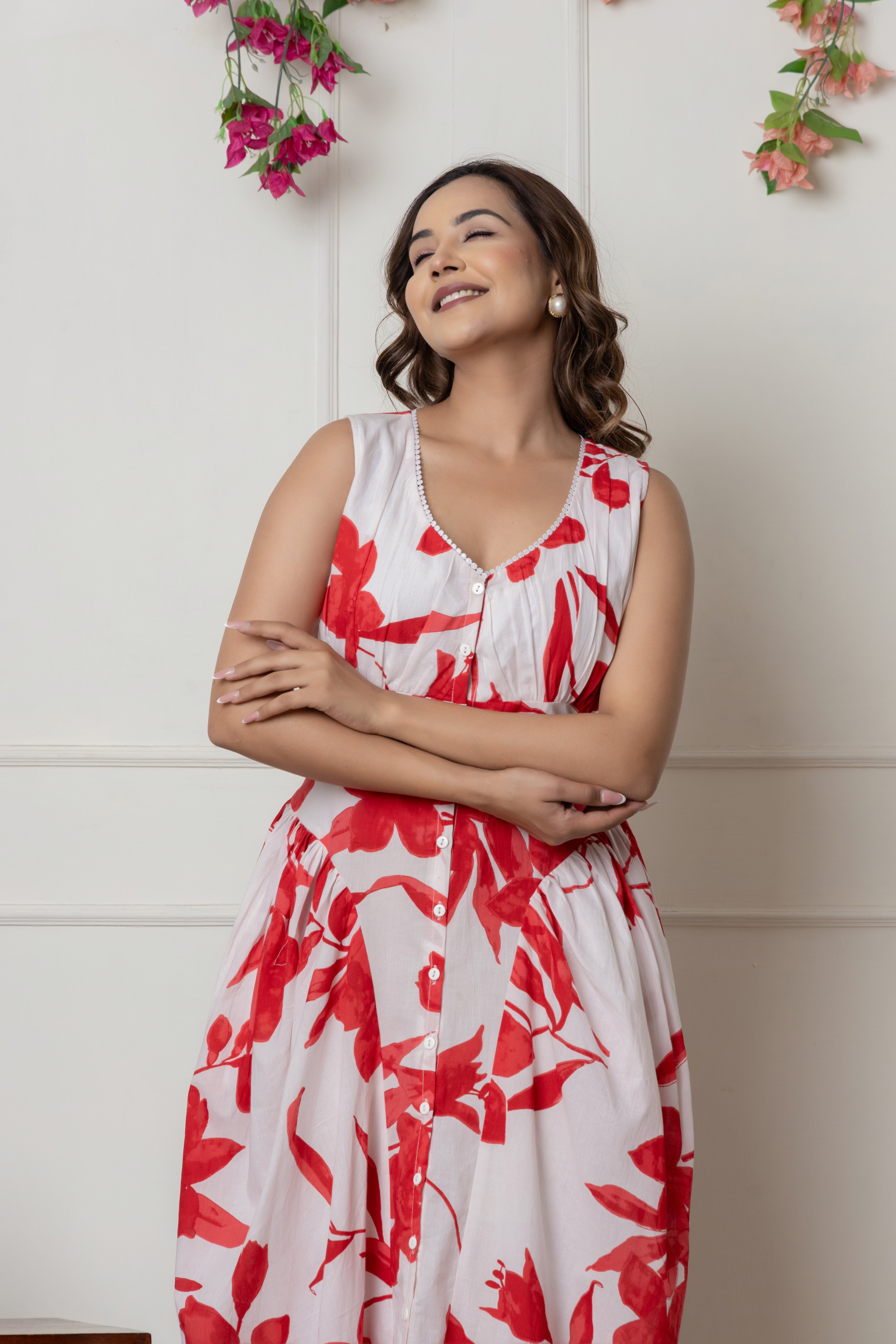 White & Red Floral Printed Sleeveless Cotton Dress