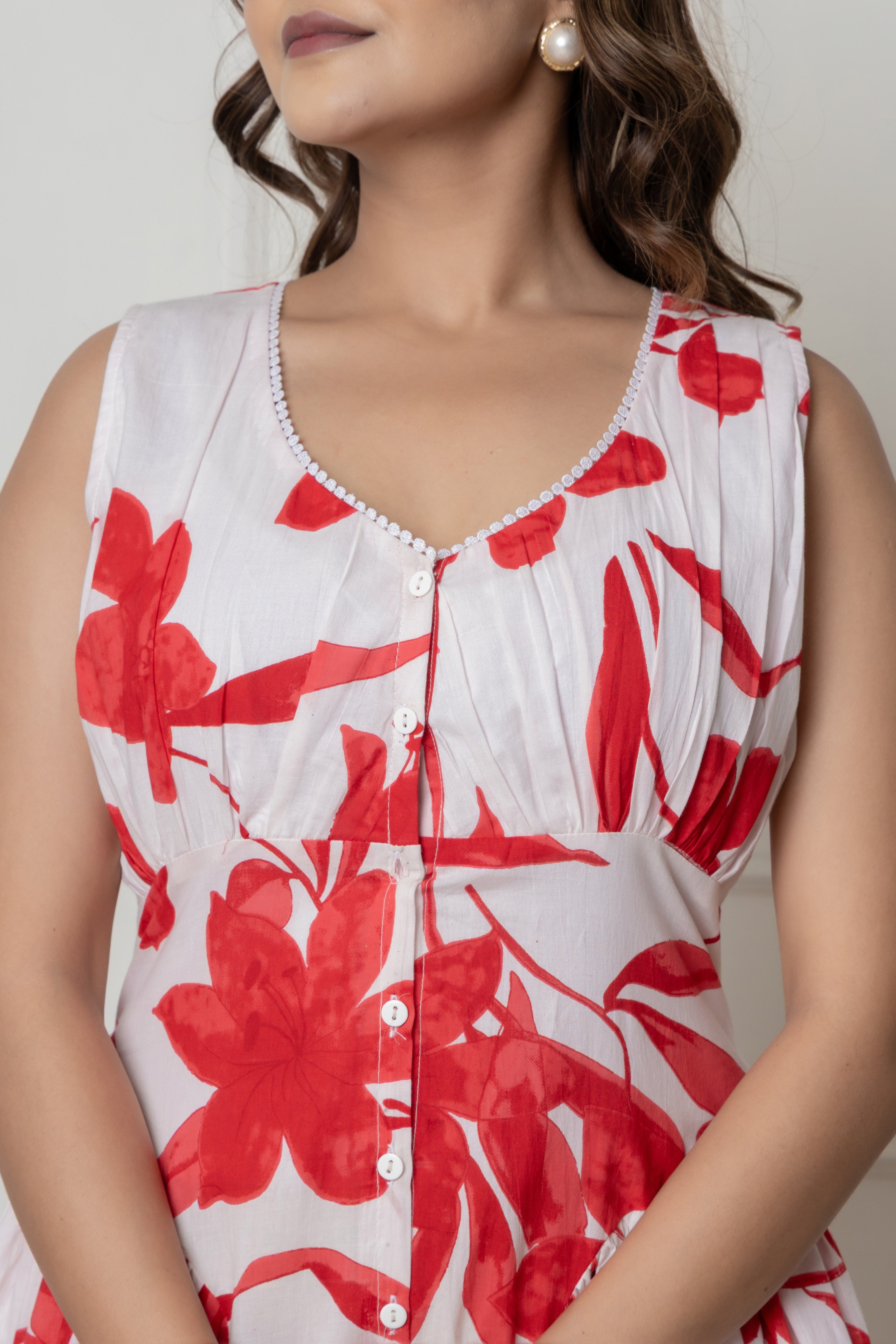 White & Red Floral Printed Sleeveless Cotton Dress