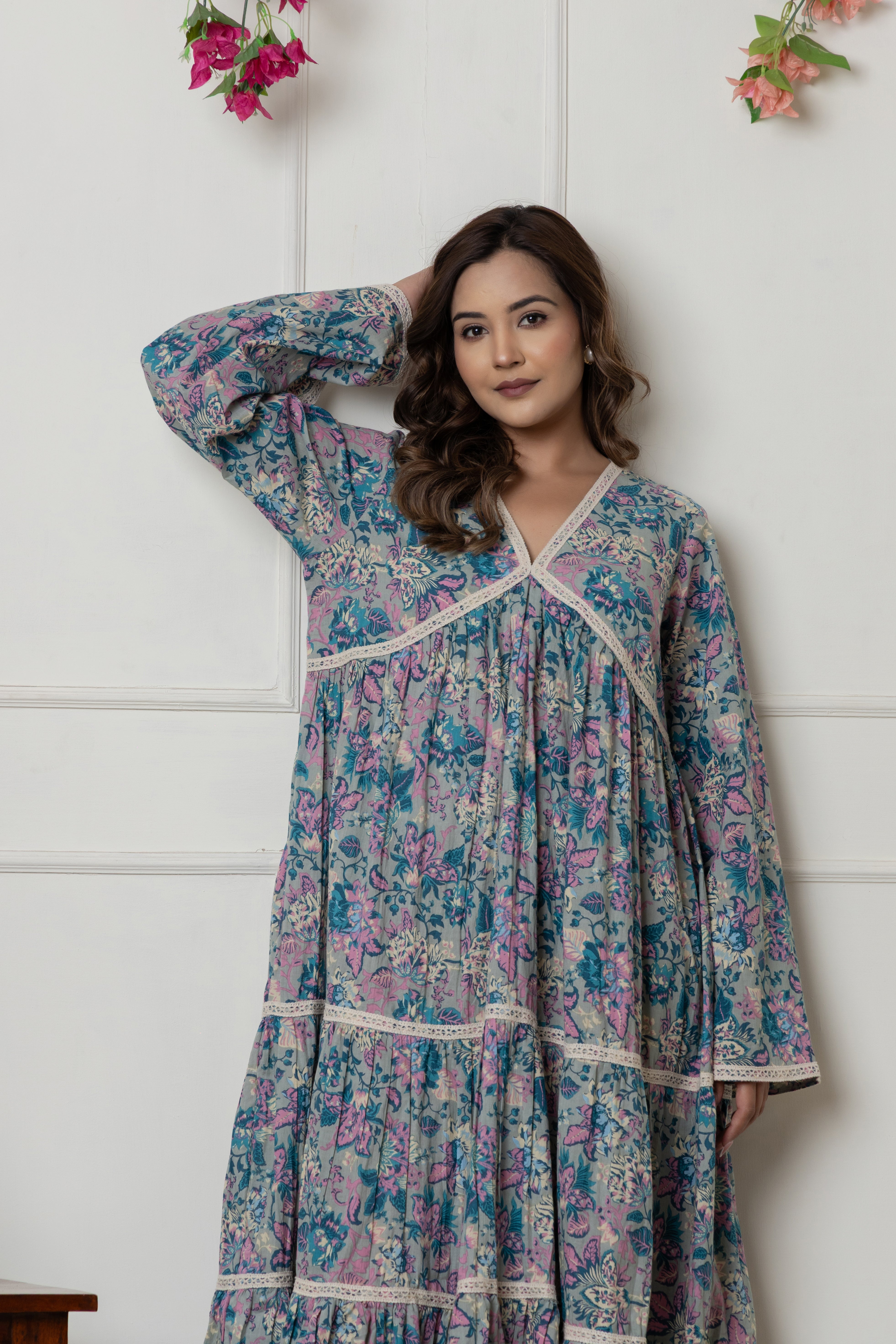 Pastel Blue & Pink Floral Long Cotton Dress with Lace Detailing