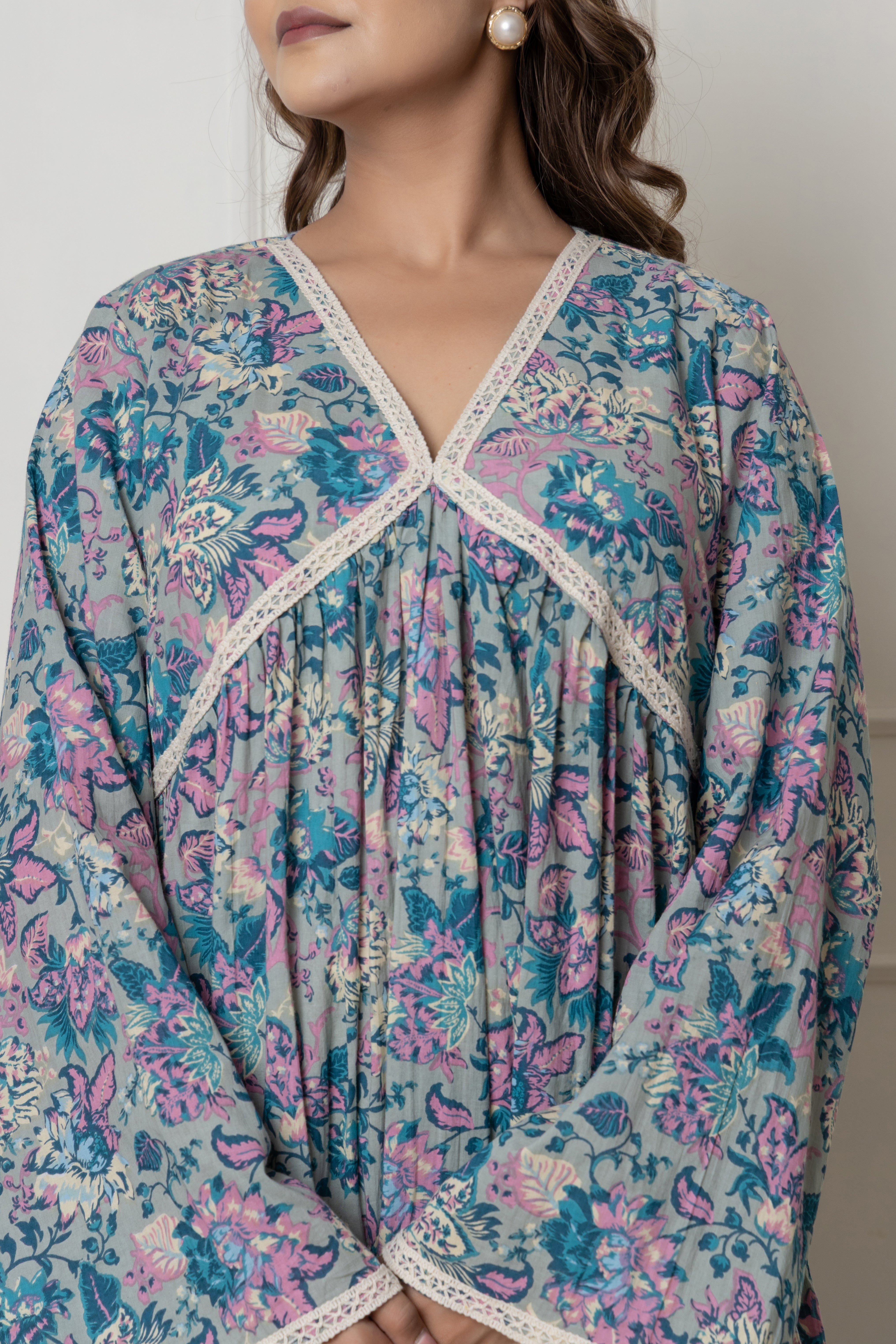 Pastel Blue & Pink Floral Long Cotton Dress with Lace Detailing