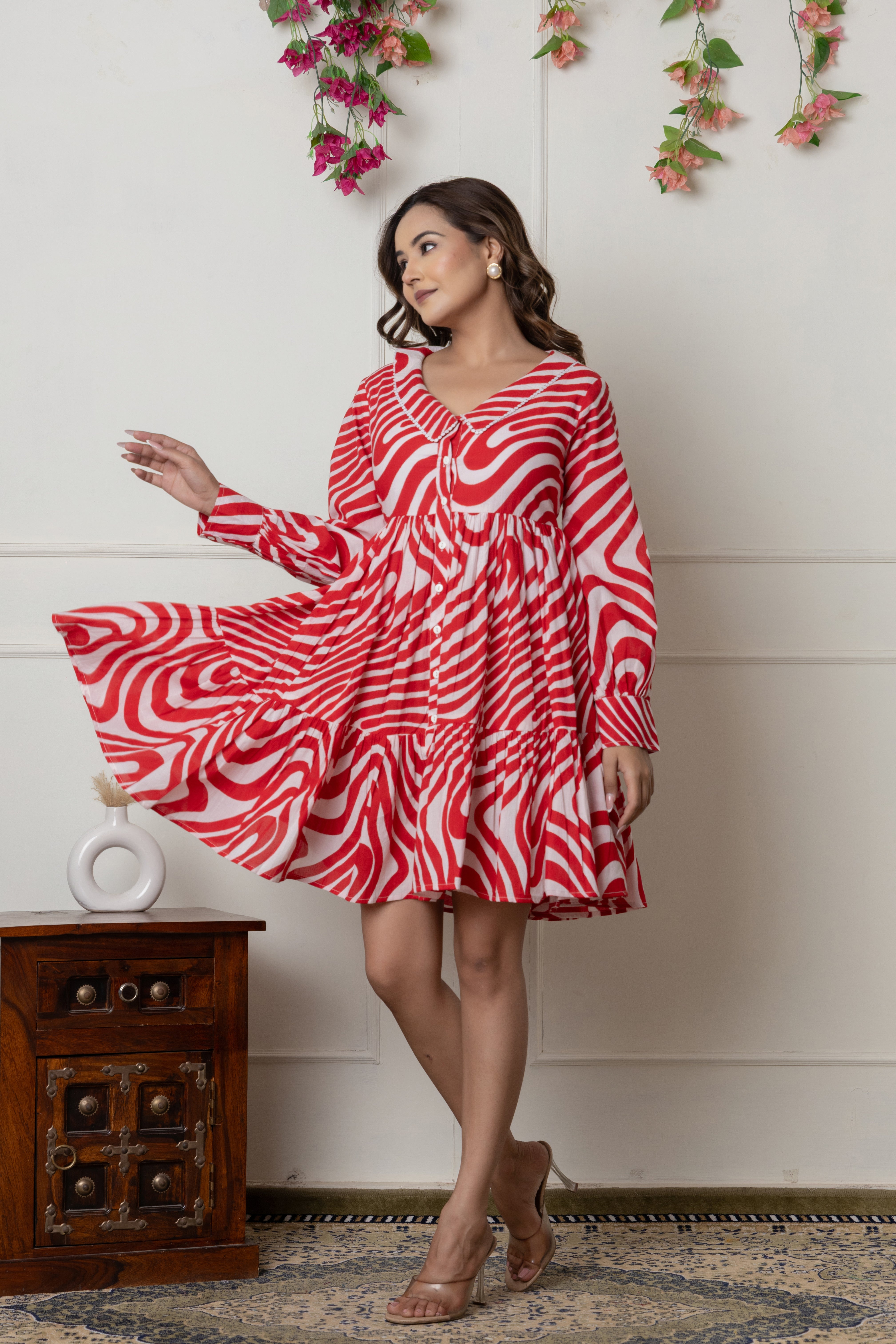 Red & White Swirl Print Cotton Short Dress with Lace Neck Detailing