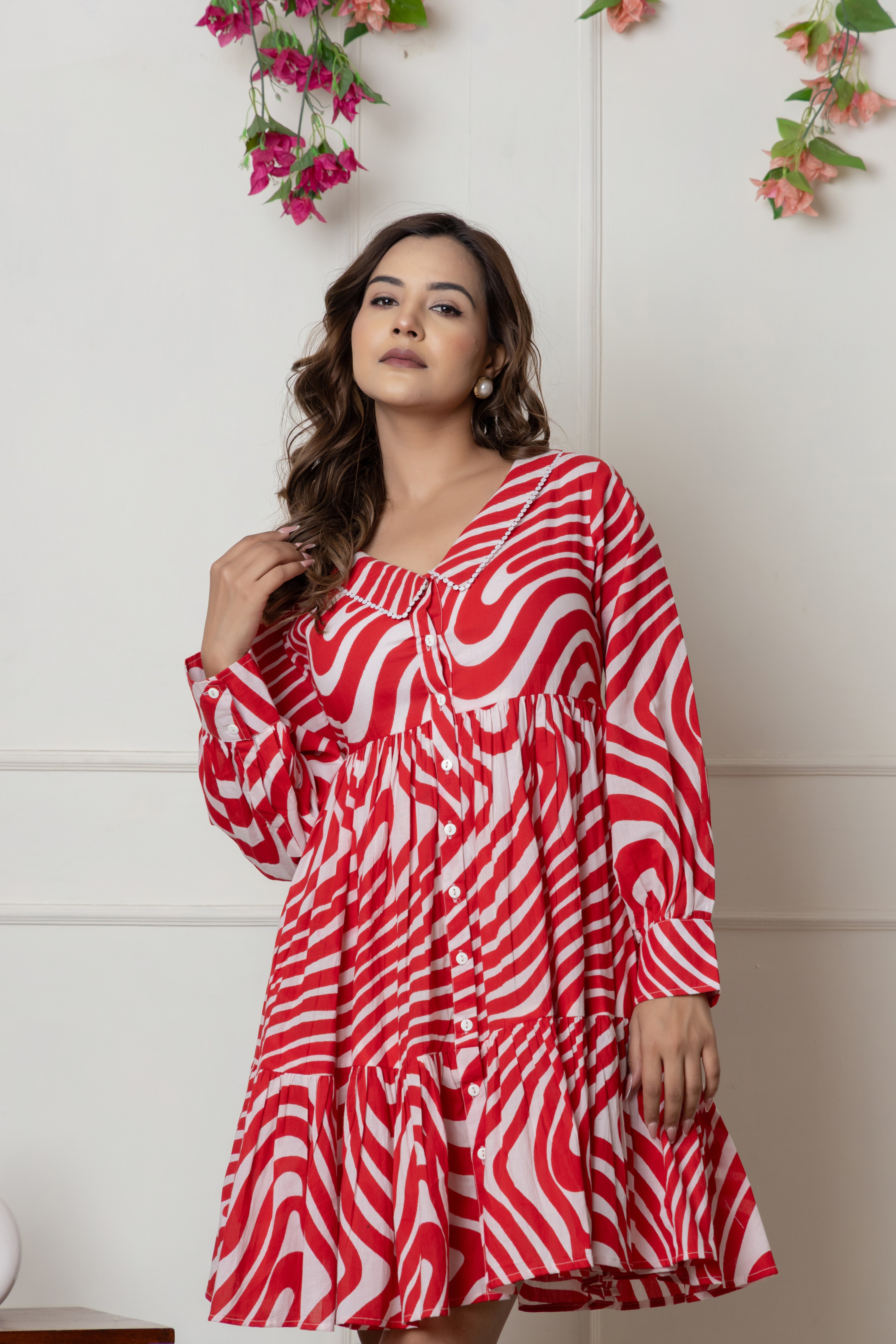 Red & White Swirl Print Cotton Short Dress with Lace Neck Detailing