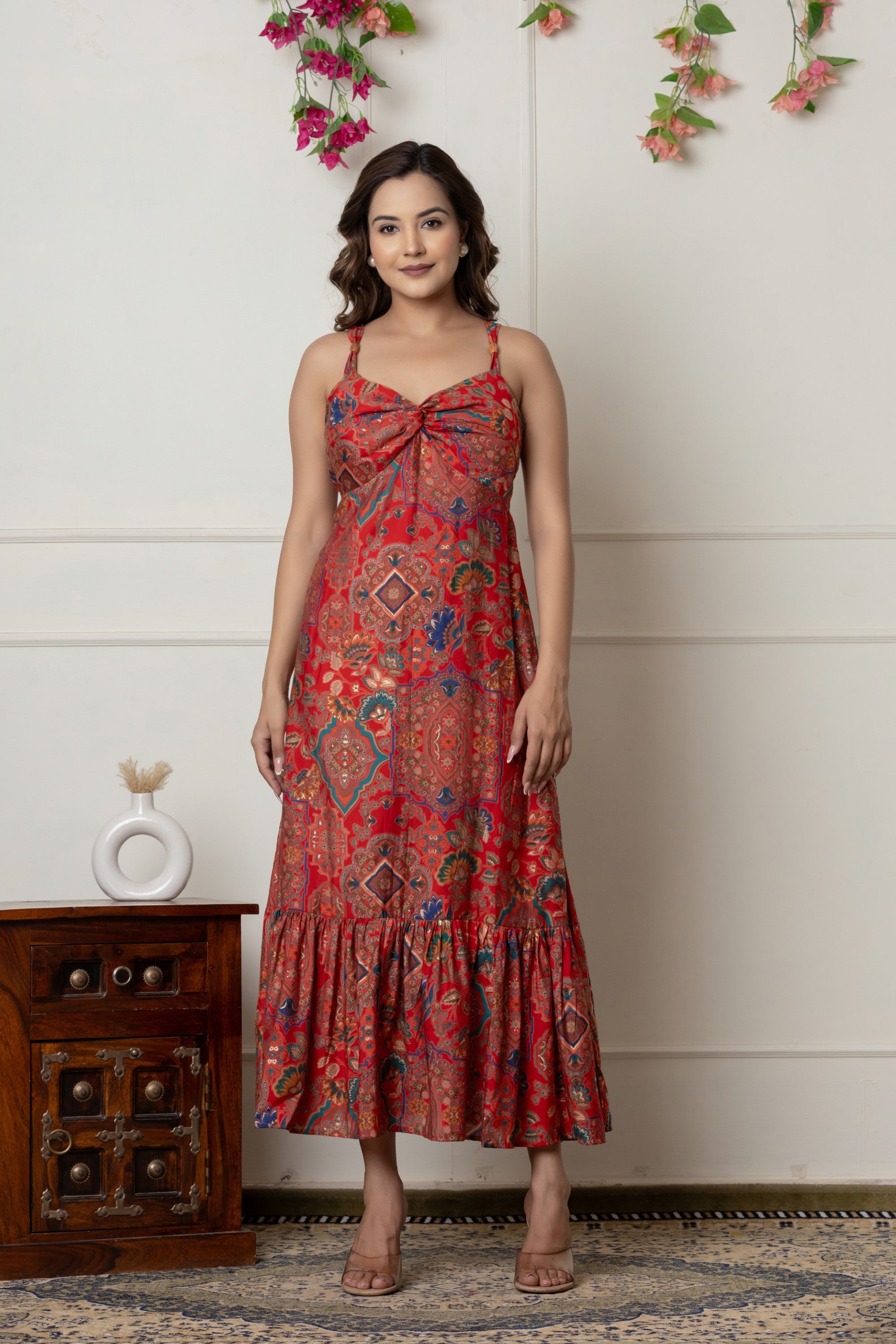 Red Printed Muslin Maxi Dress with Knot Detail & Side Zip