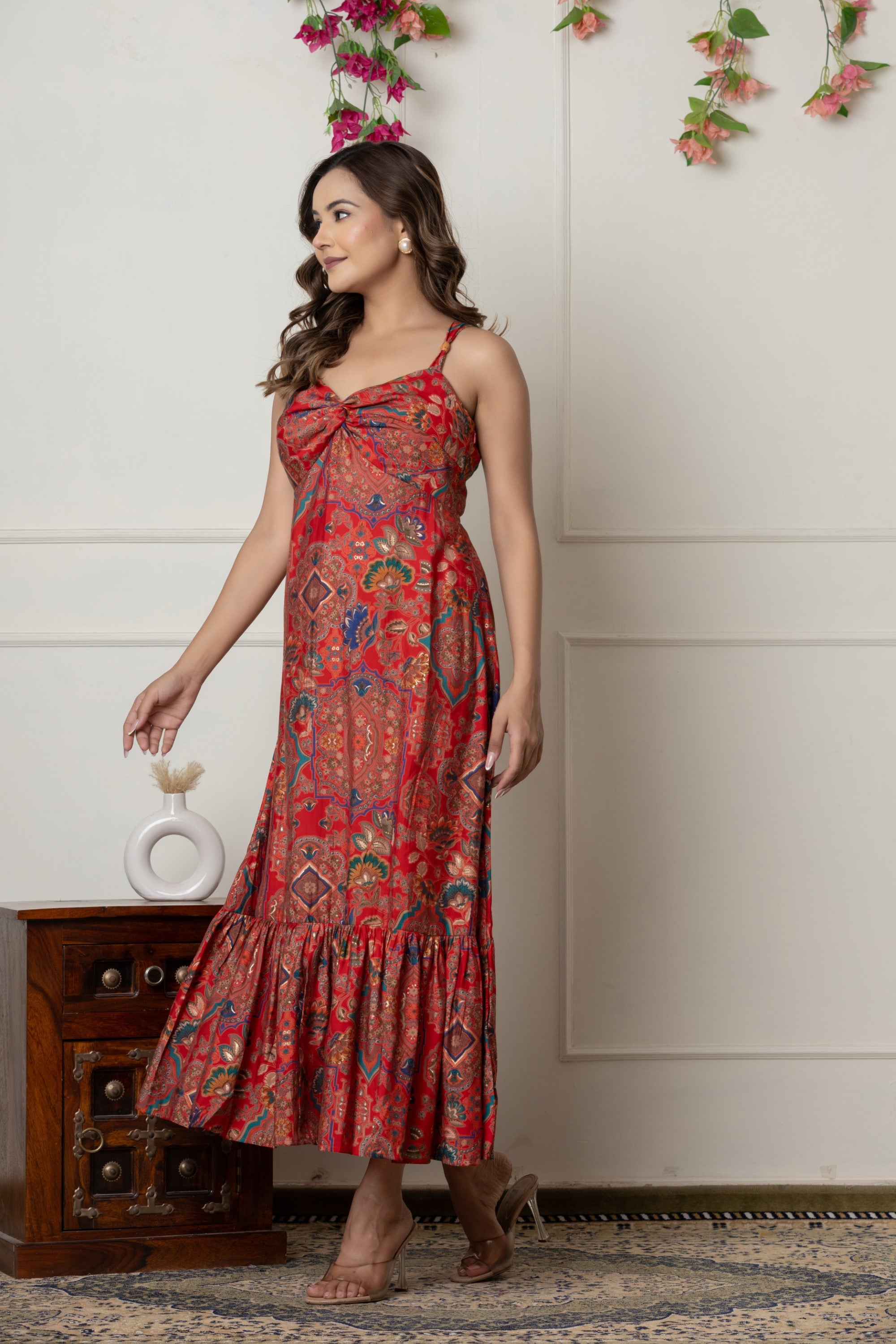 Red Printed Muslin Maxi Dress with Knot Detail & Side Zip