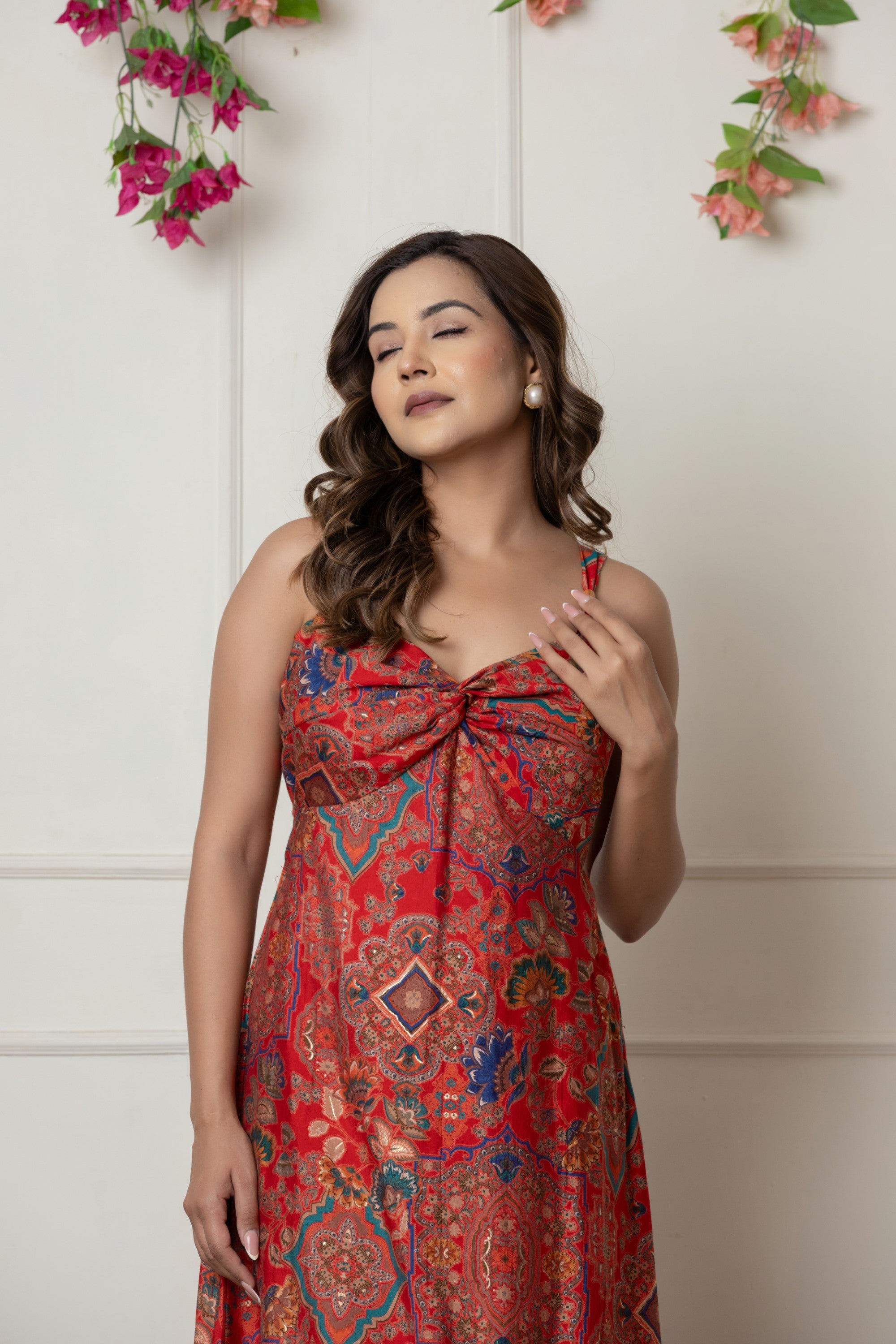 Red Printed Muslin Maxi Dress with Knot Detail & Side Zip