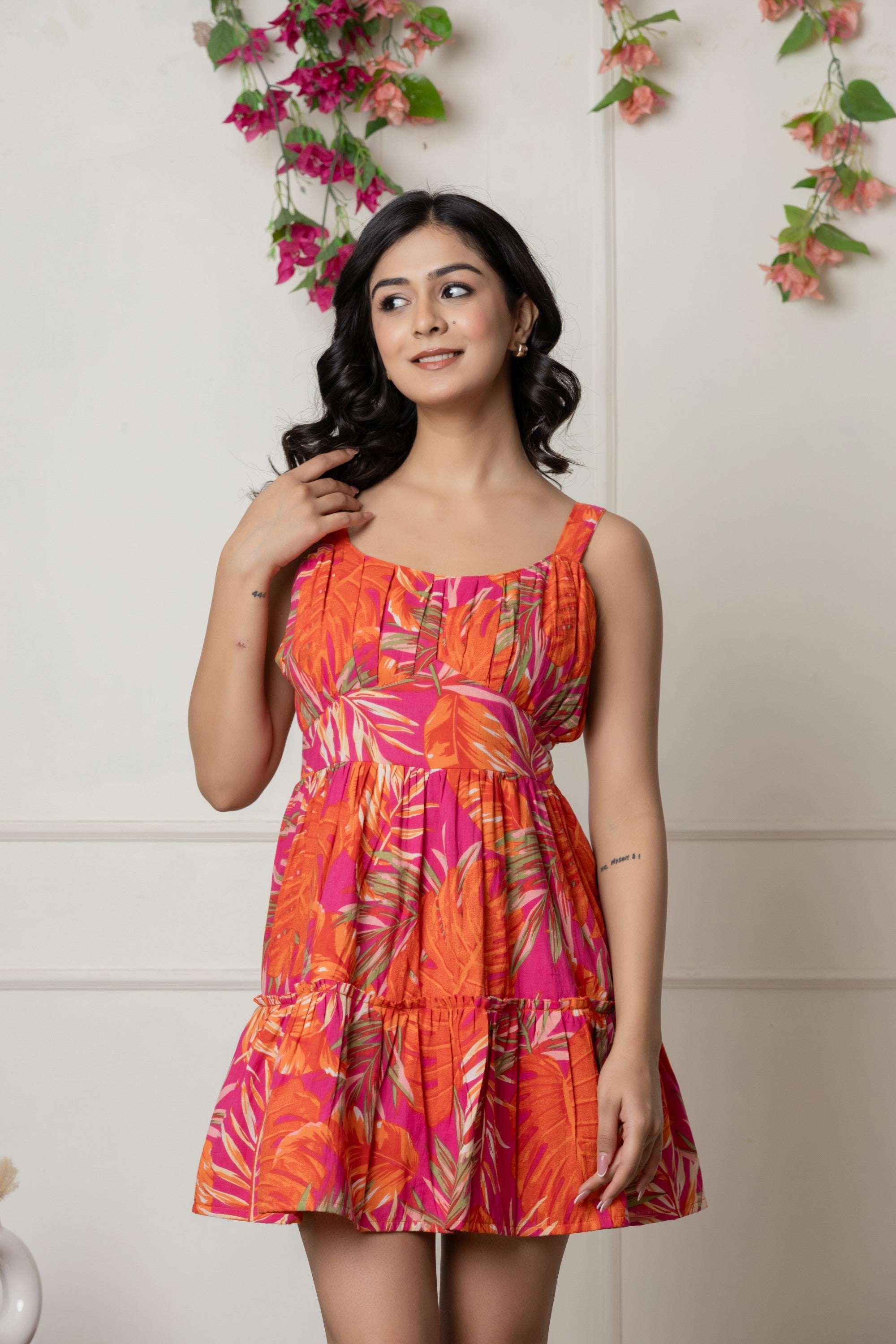 Tropical Print Fit & Flare Mini Dress in Orange-Pink
