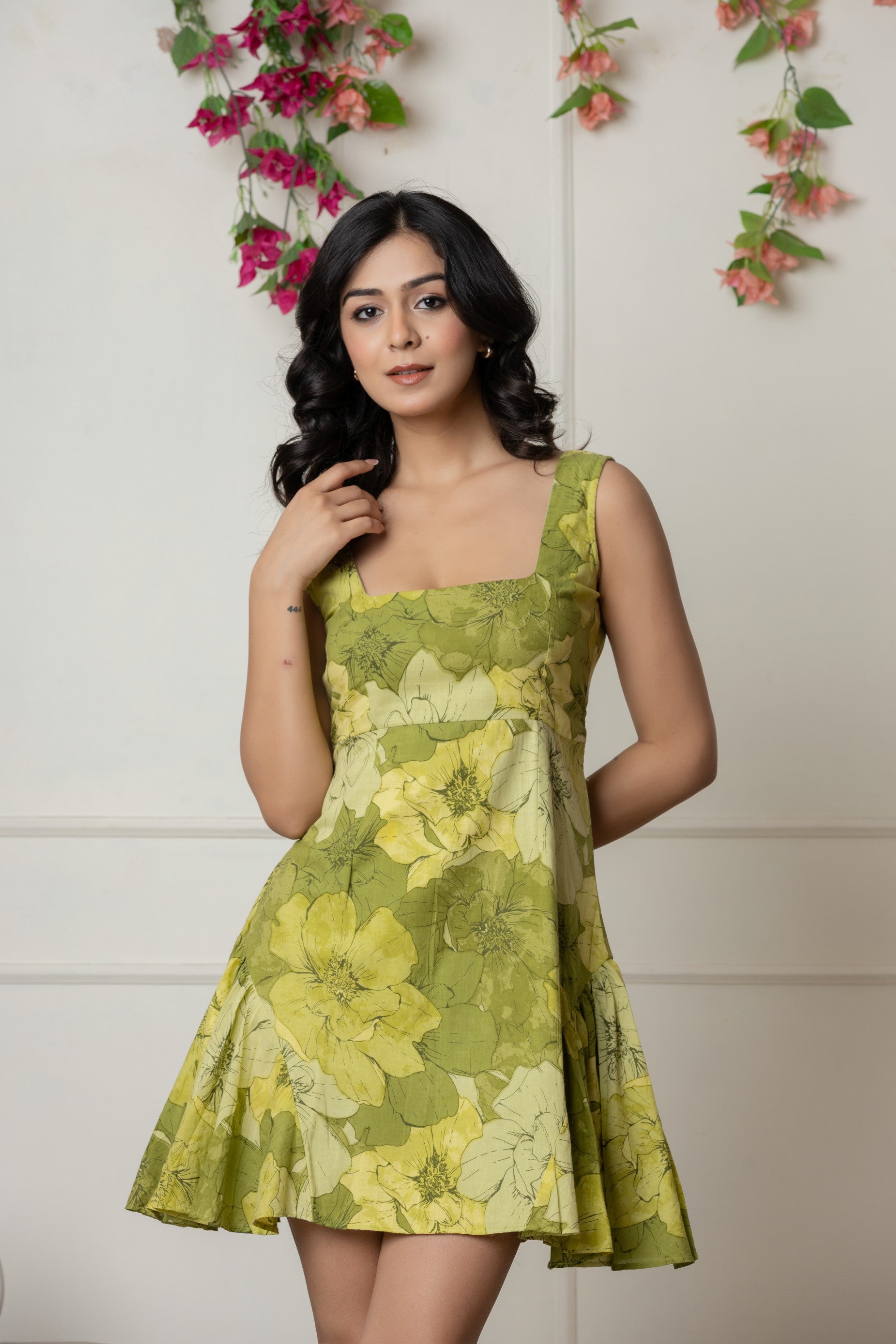 Green Floral Fit & Flare Mini Dress with Bow Back