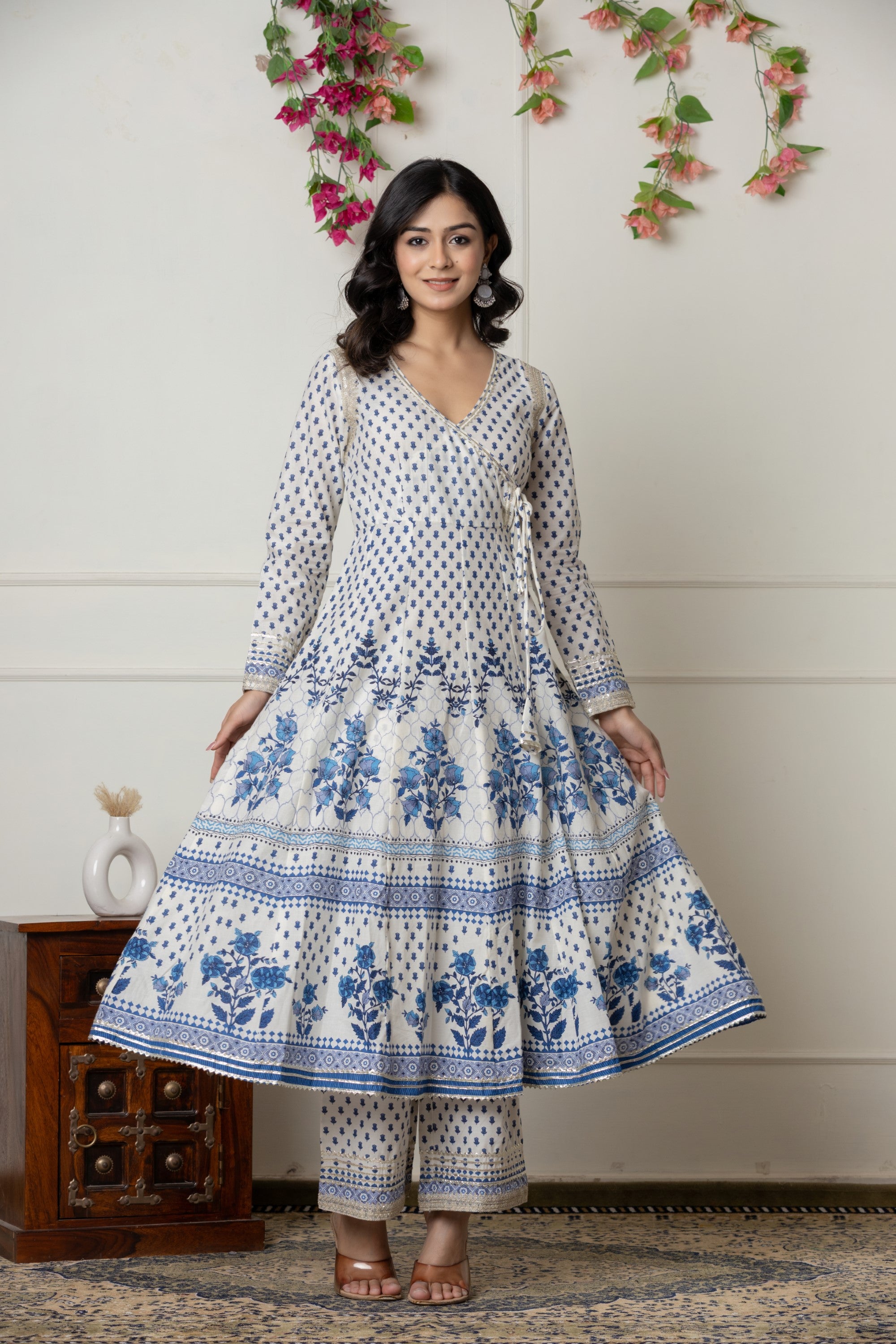 Ivory & Blue Block Printed Anarkali Set with Dupatta