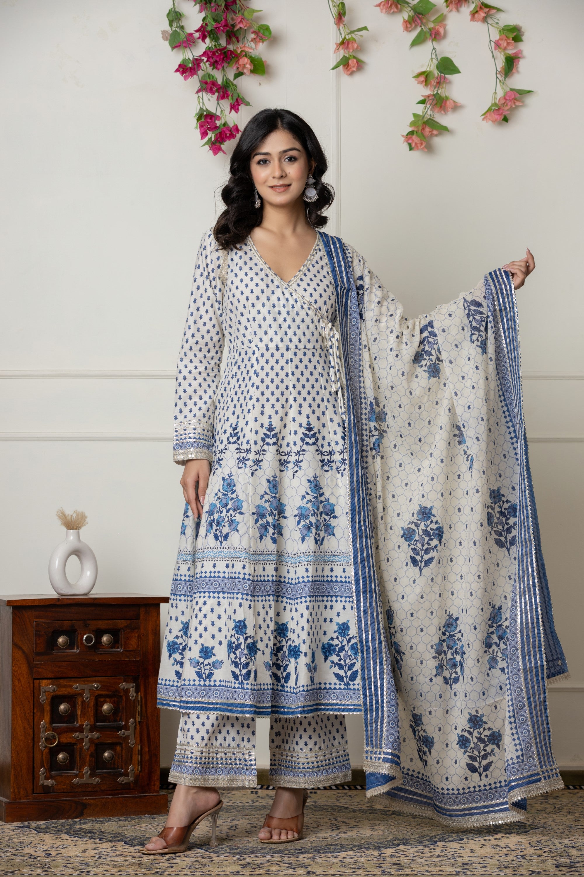 Ivory & Blue Block Printed Anarkali Set with Dupatta
