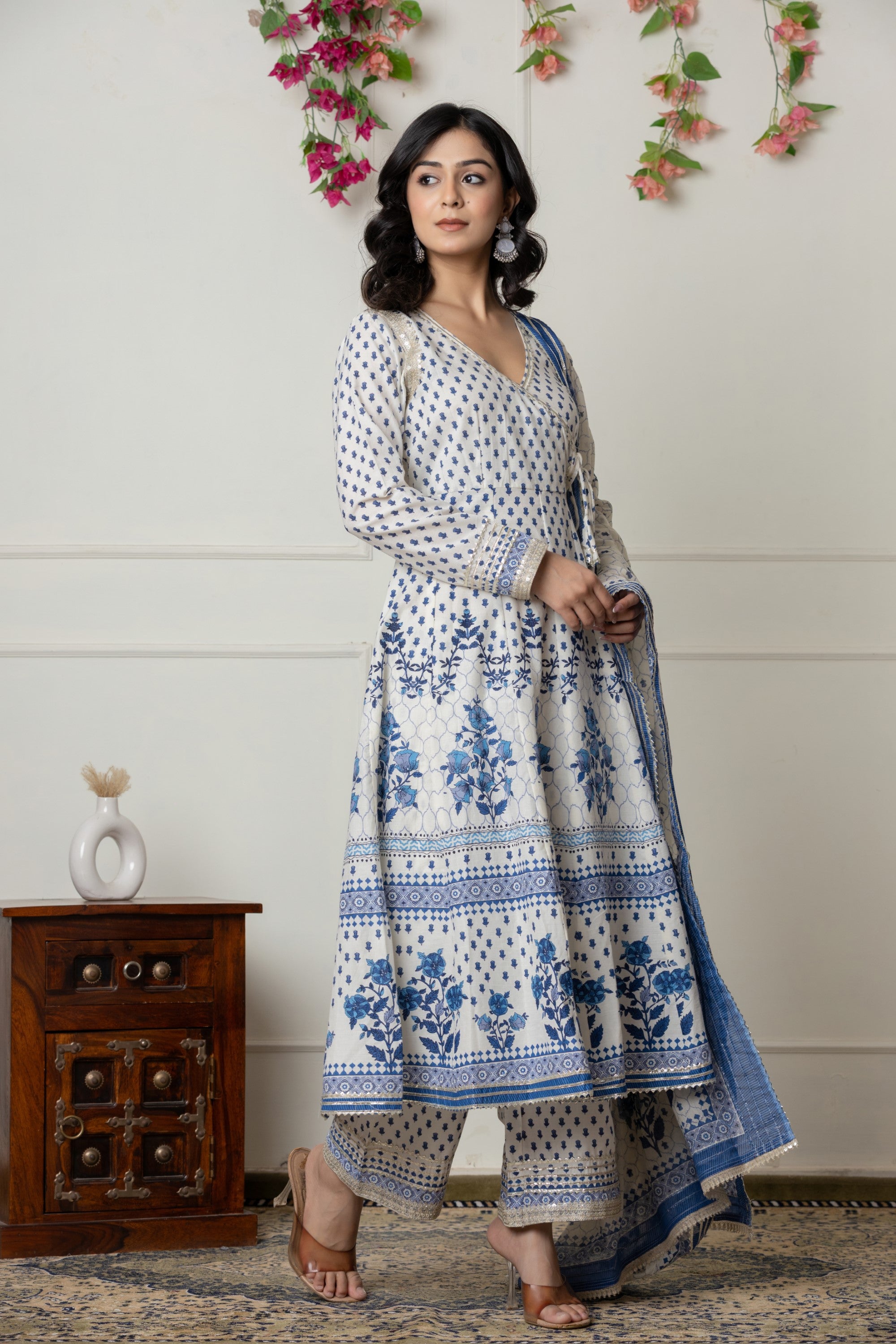 Ivory & Blue Block Printed Anarkali Set with Dupatta