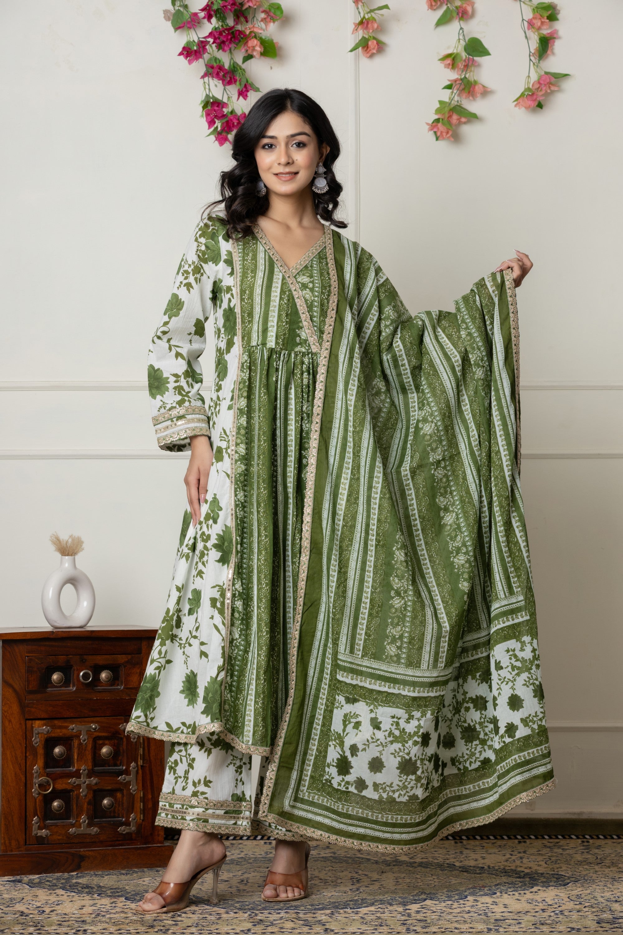Green Floral Printed Anarkali Kurta Set