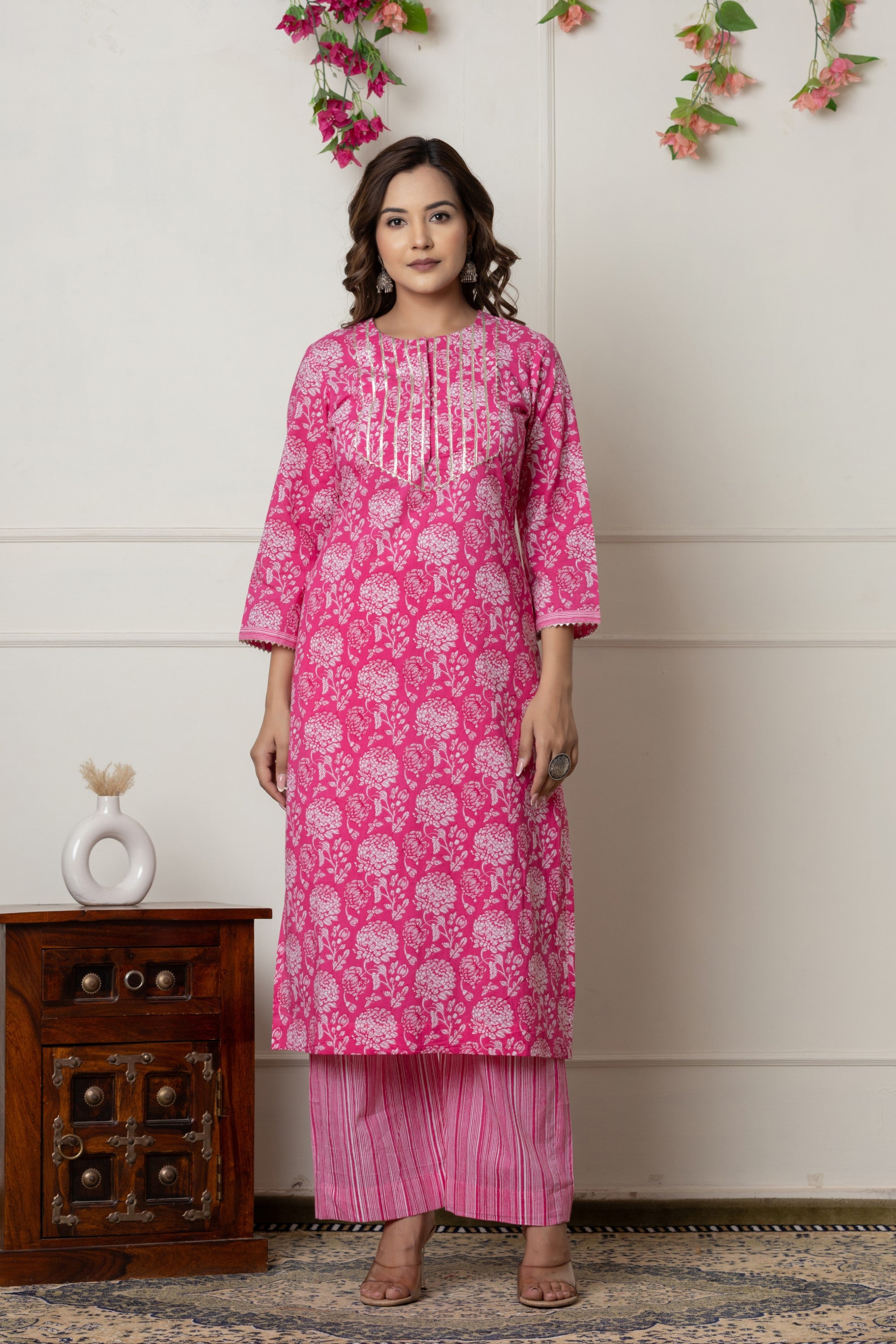 Pink Floral Printed Cotton Suit Set with Dupatta