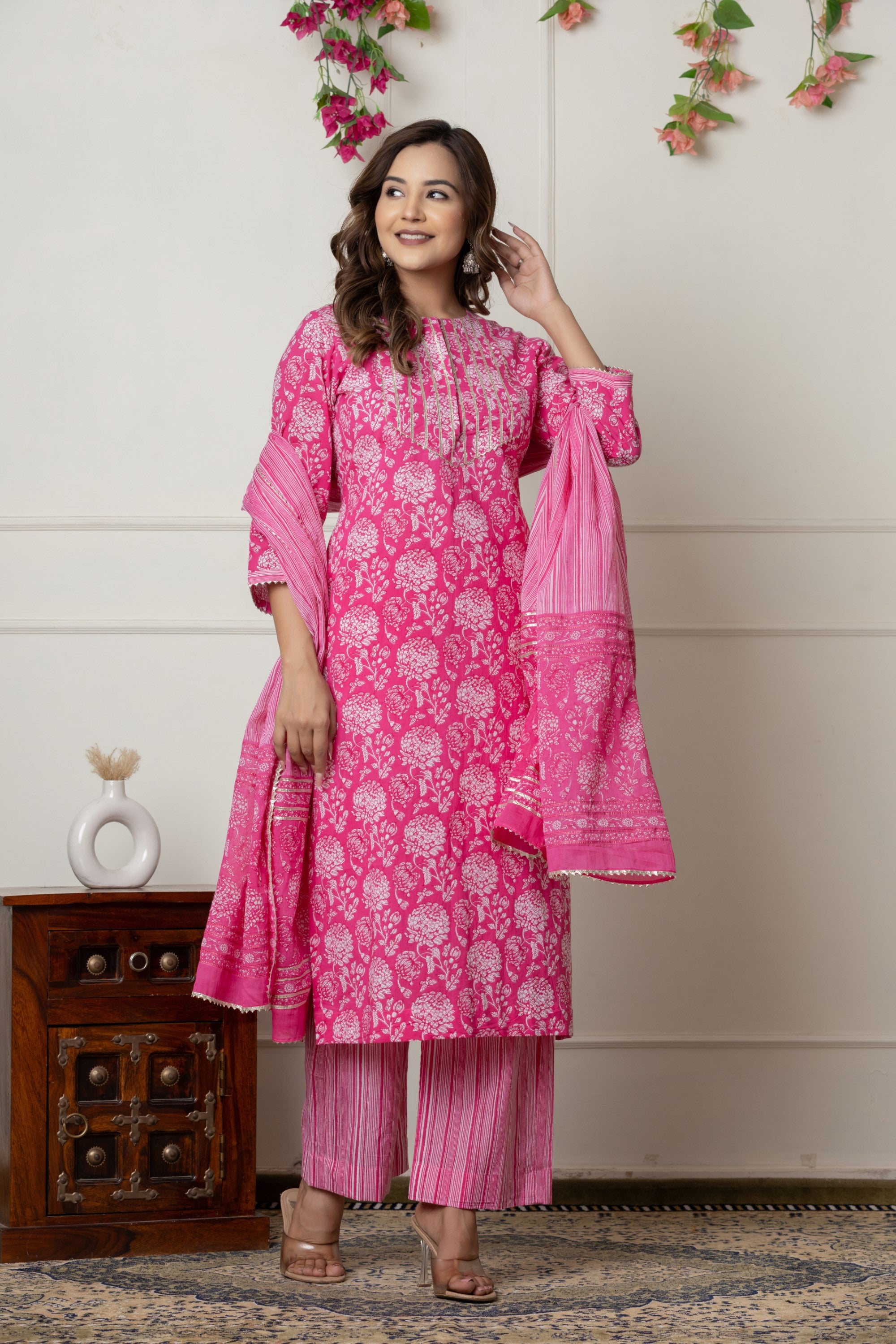 Pink Floral Printed Cotton Suit Set with Dupatta