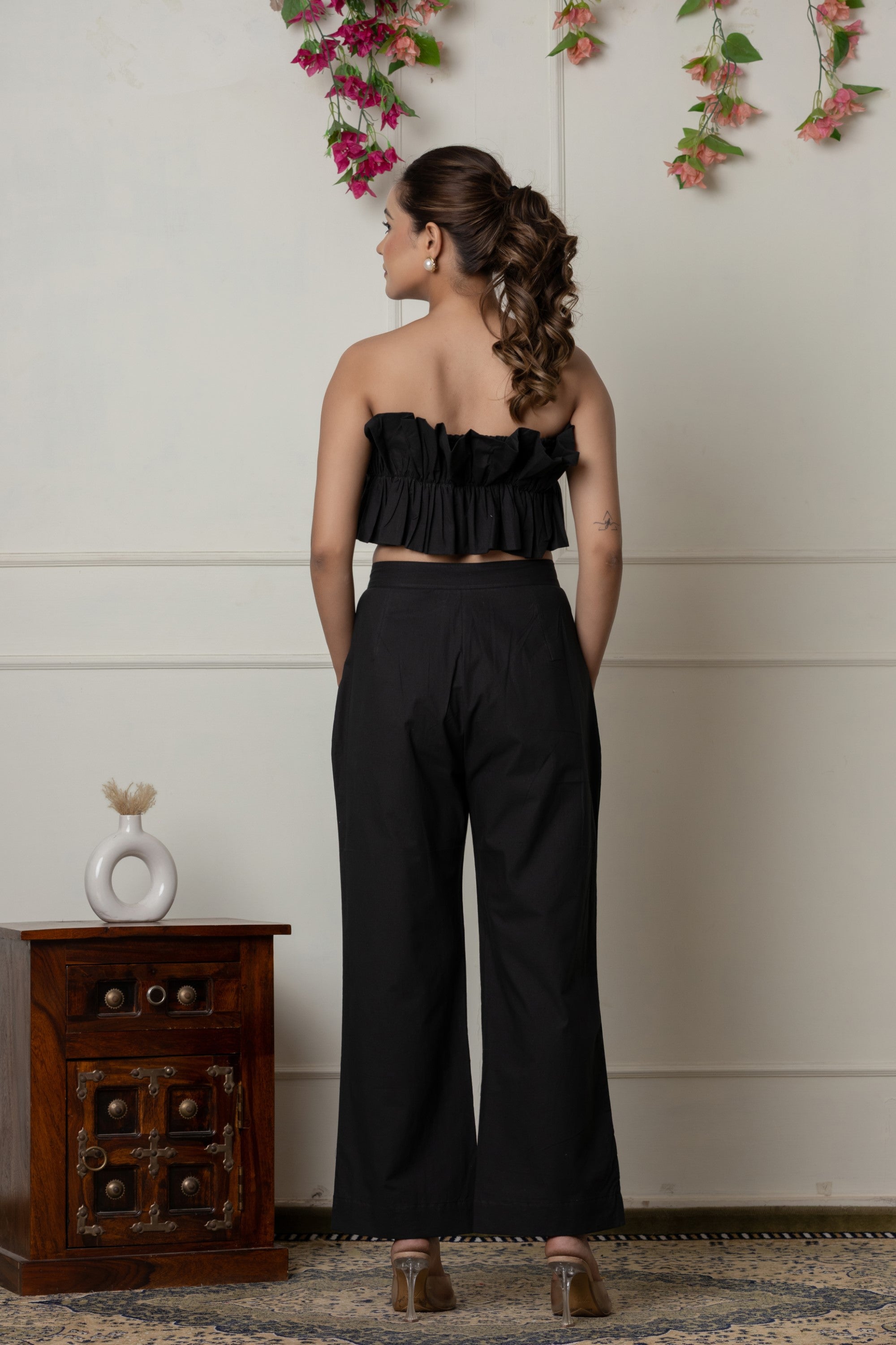 Ruffled Black Tube Top with Straight-Leg Pants Set