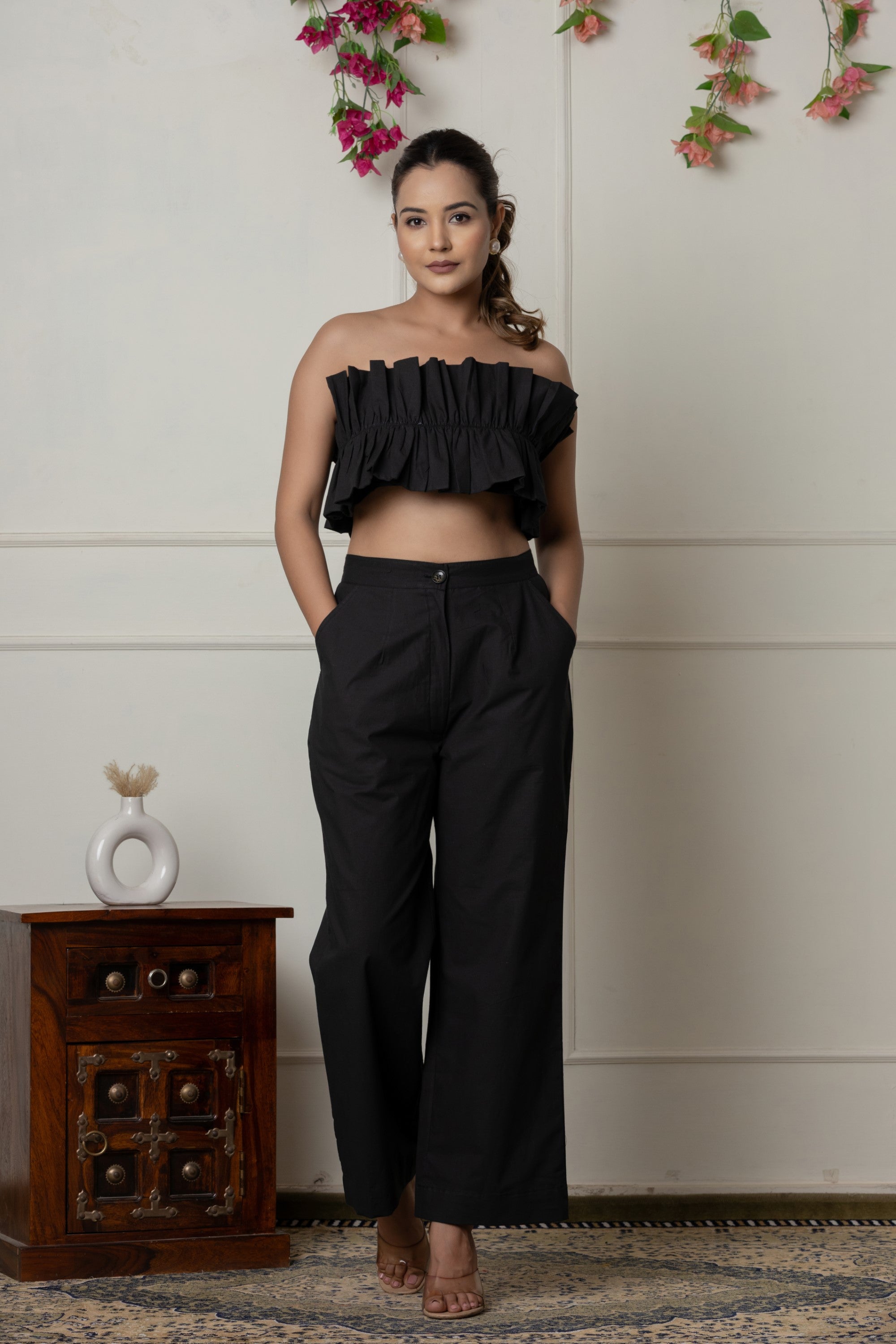 Ruffled Black Tube Top with Straight-Leg Pants Set