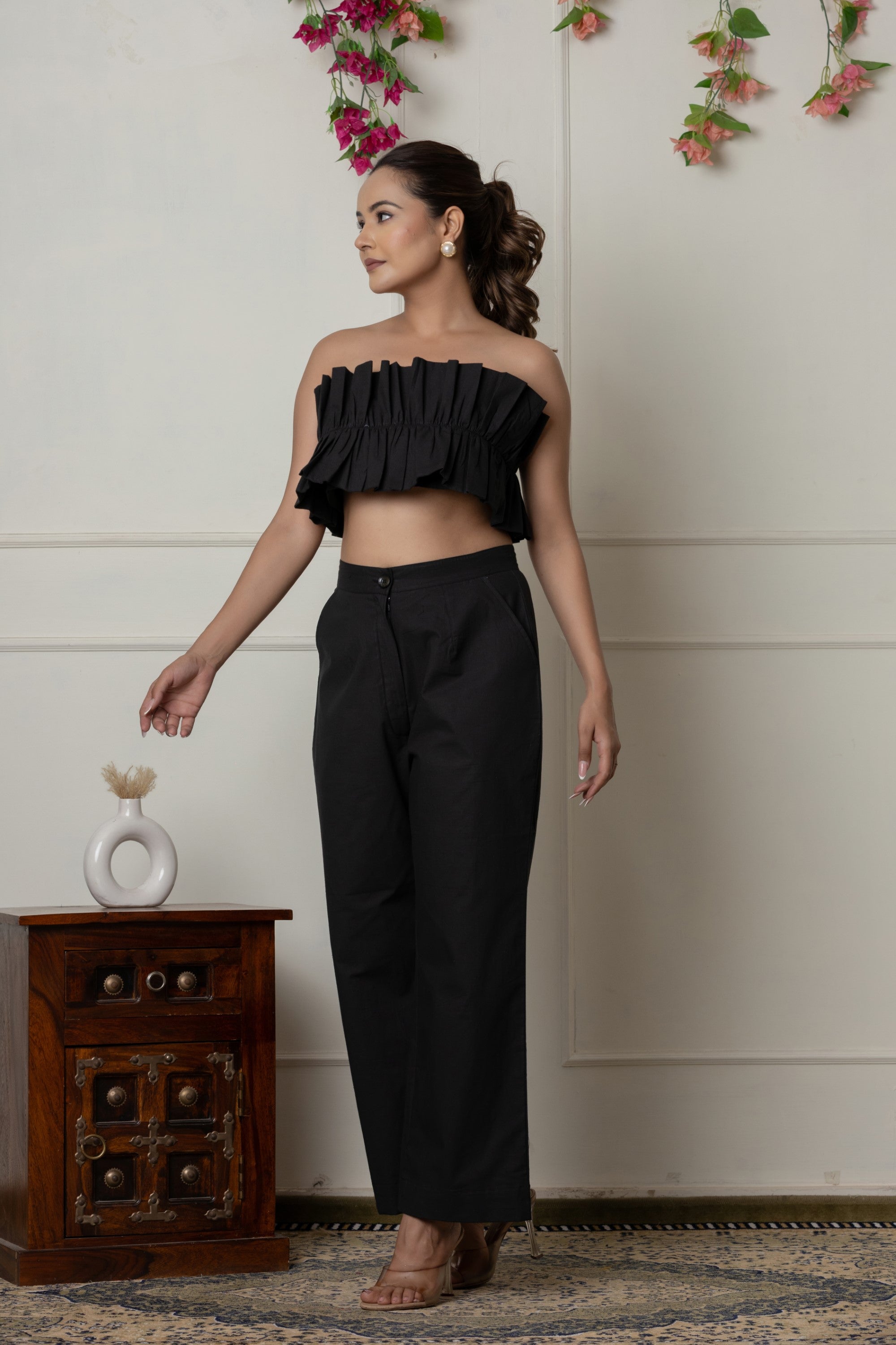 Ruffled Black Tube Top with Straight-Leg Pants Set