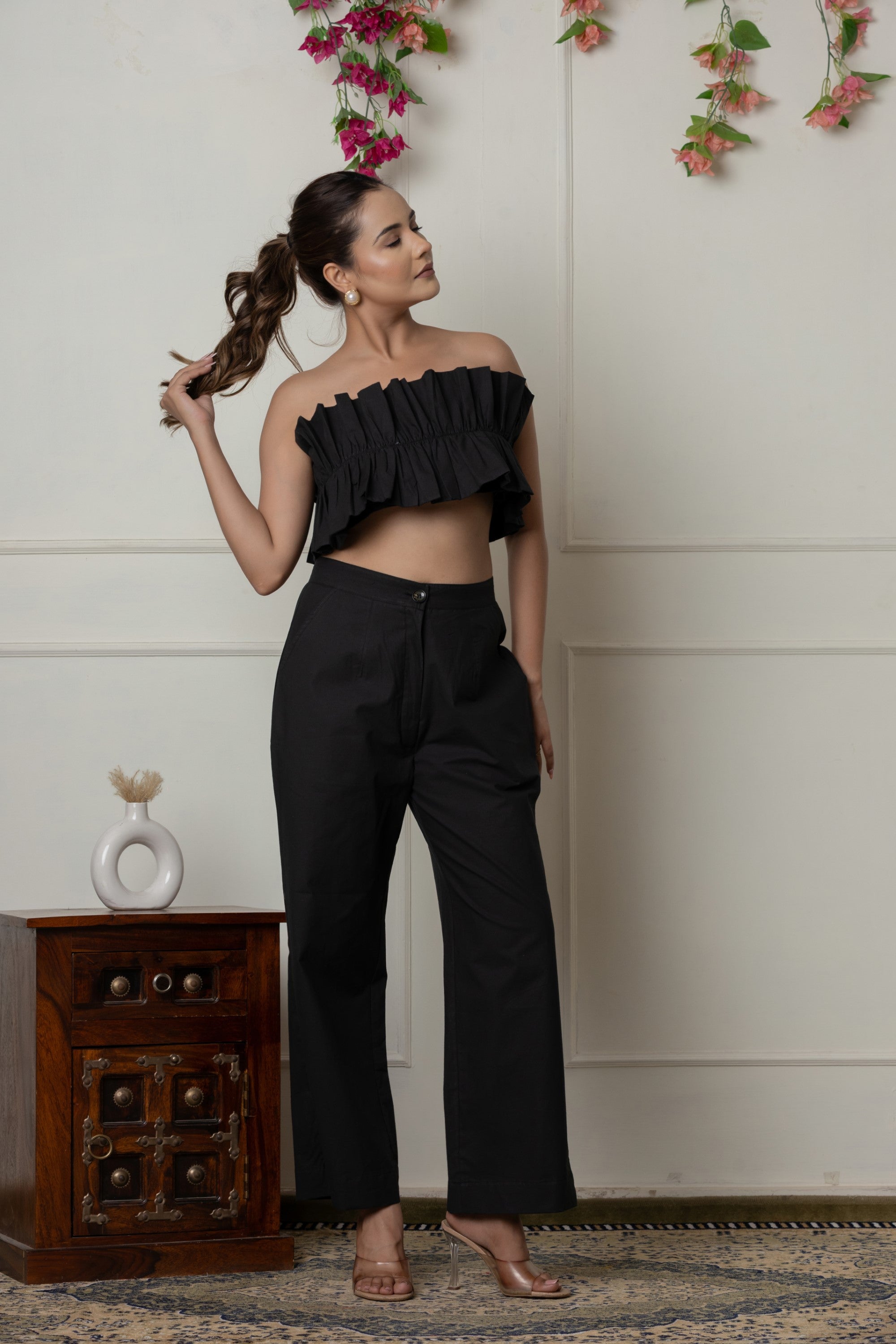 Ruffled Black Tube Top with Straight-Leg Pants Set