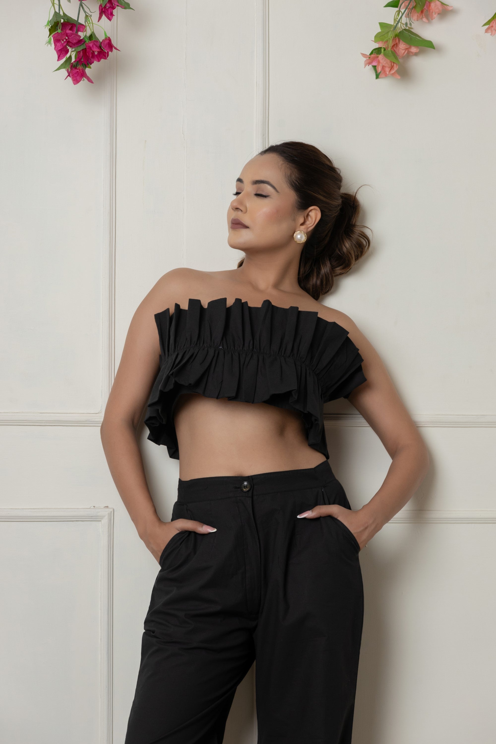 Ruffled Black Tube Top with Straight-Leg Pants Set