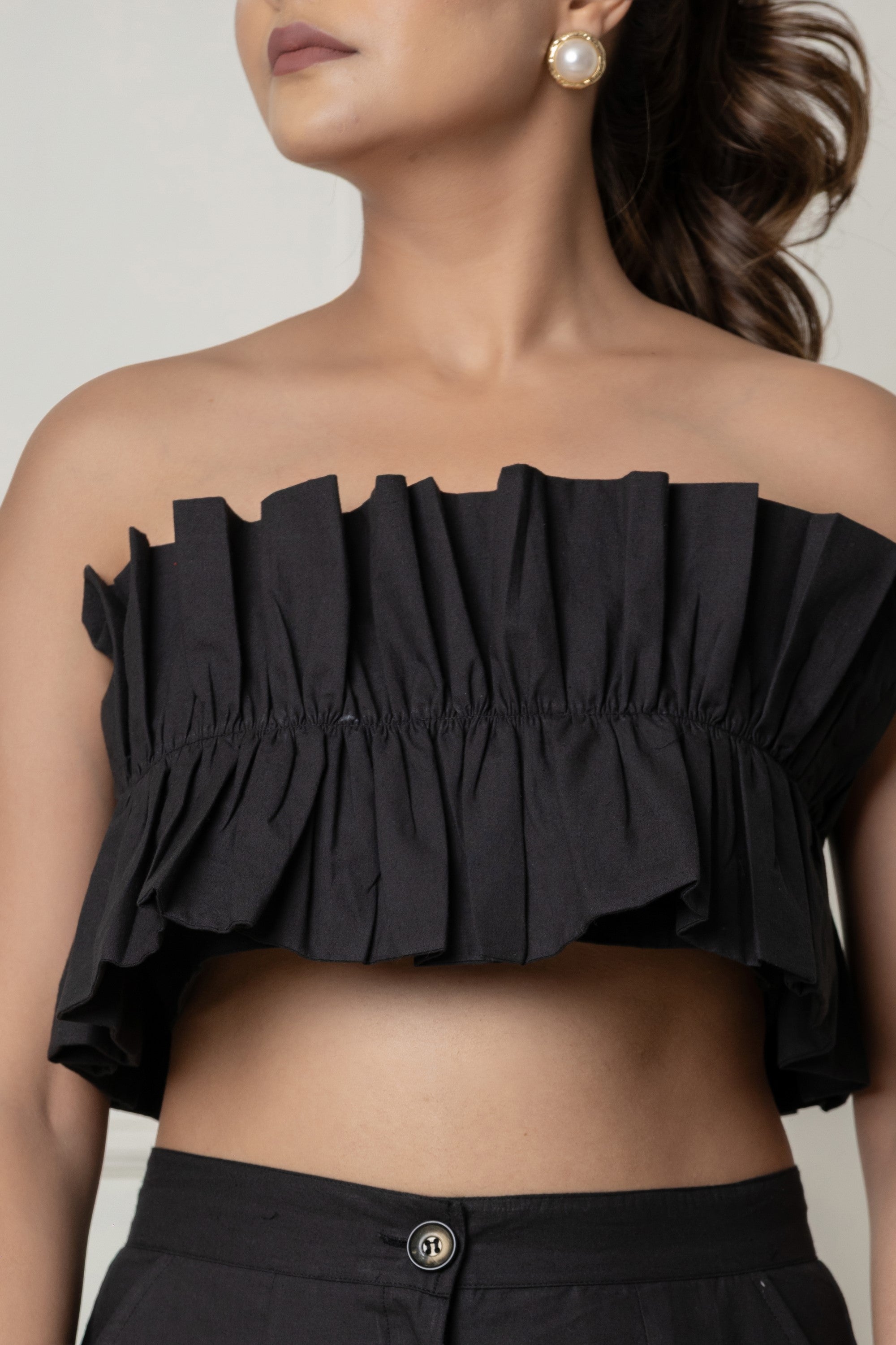 Ruffled Black Tube Top with Straight-Leg Pants Set