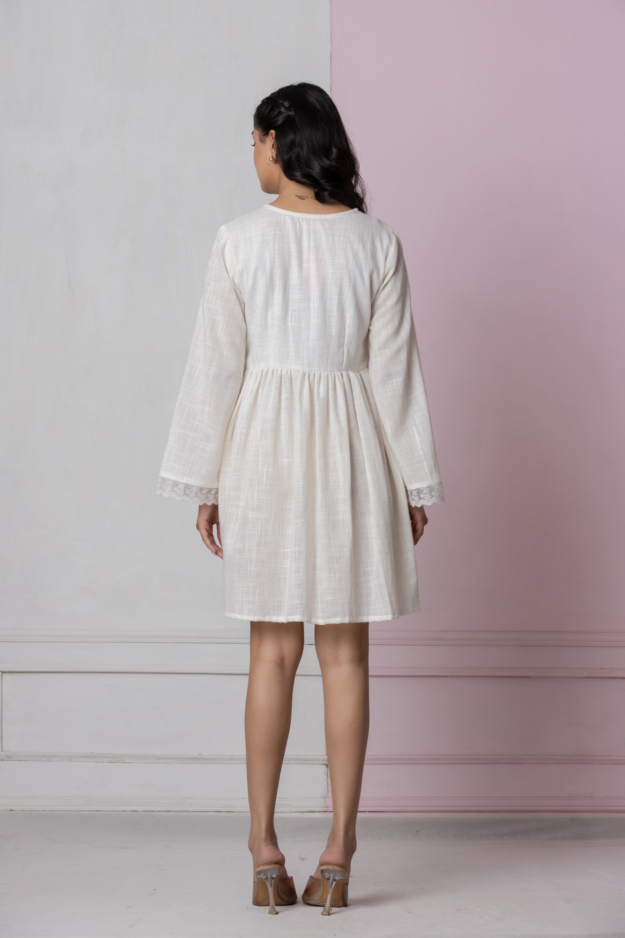 Ivory Lace Trim Short Dress