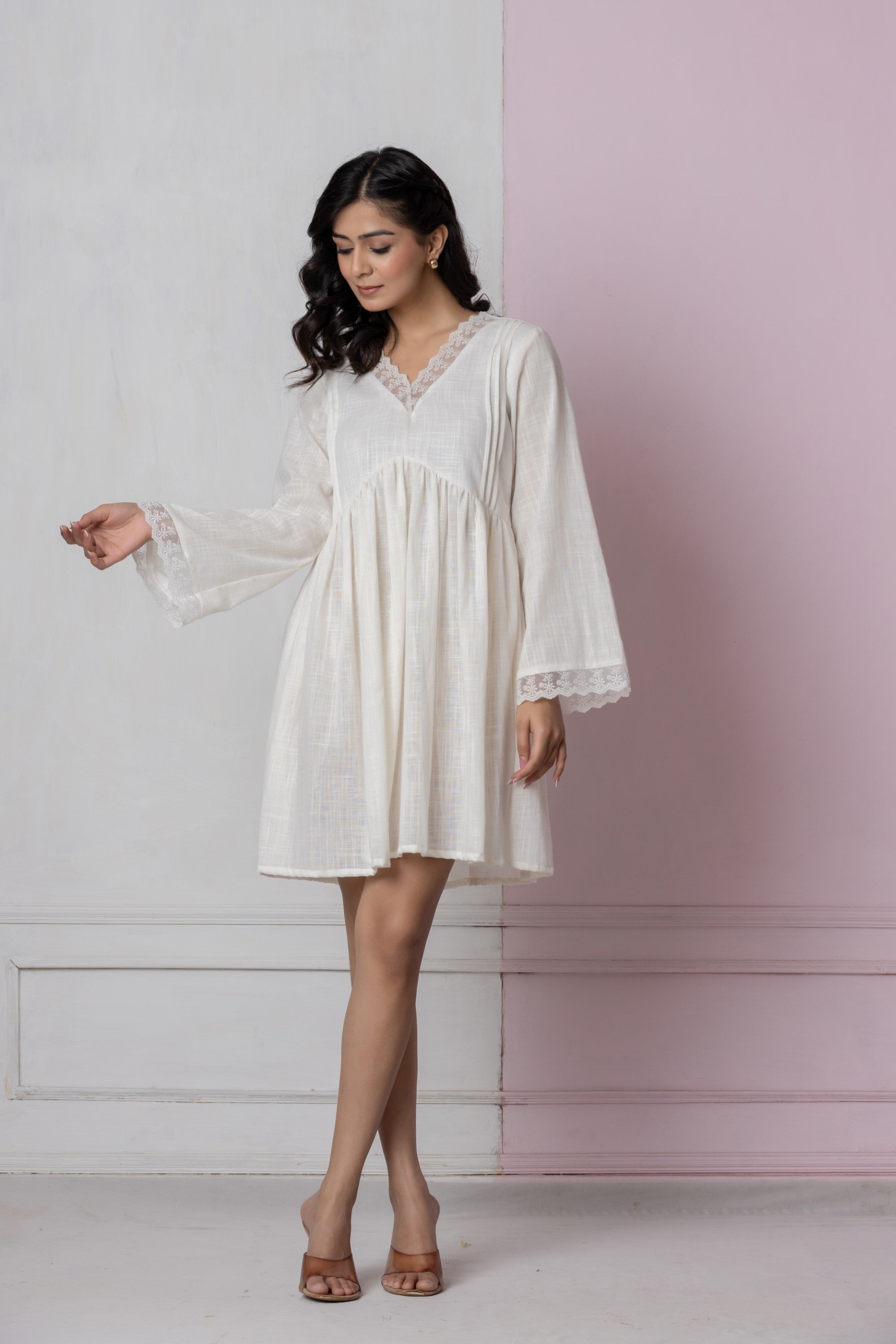 Ivory Lace Trim Short Dress