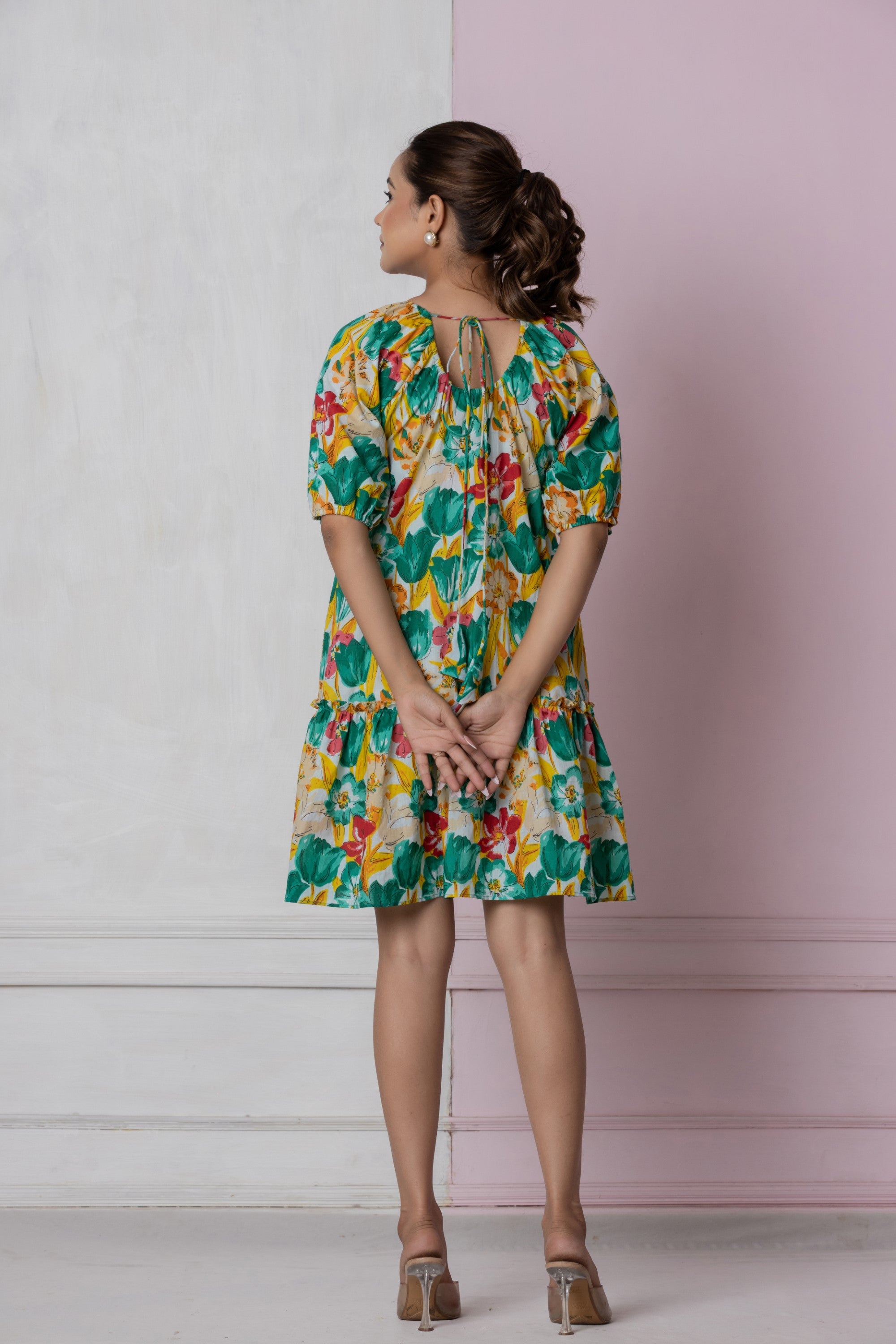 Vibrant Floral Puff Sleeve Dress.