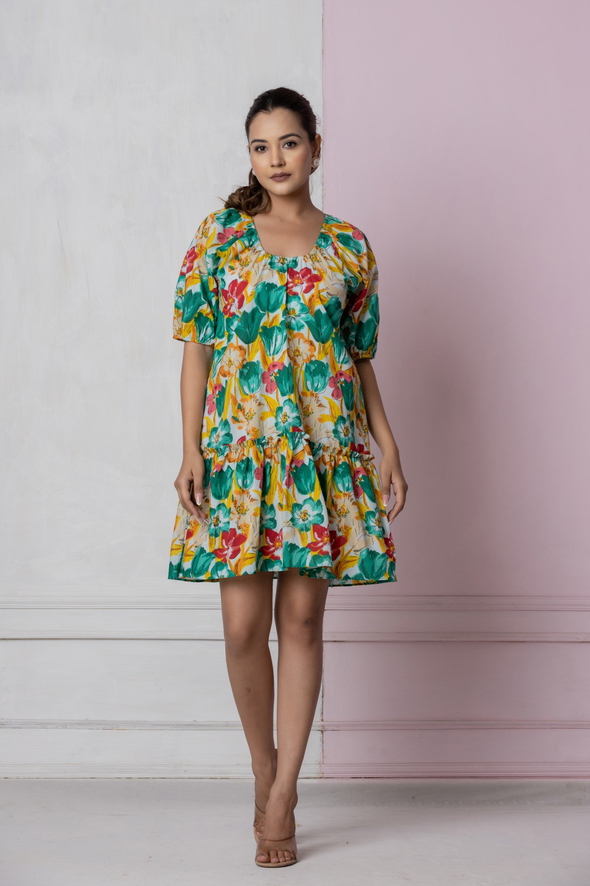 Vibrant Floral Puff Sleeve Dress.