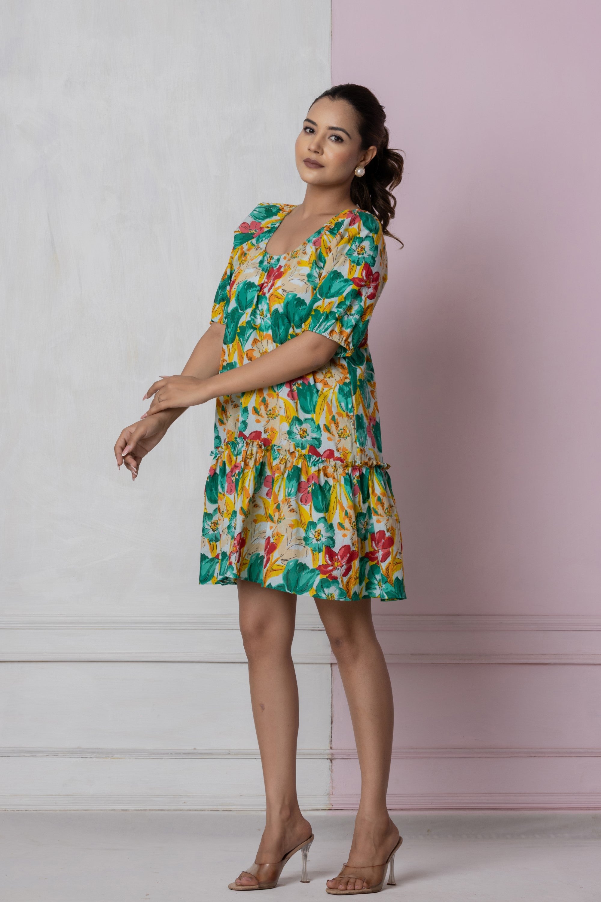 Vibrant Floral Puff Sleeve Dress.