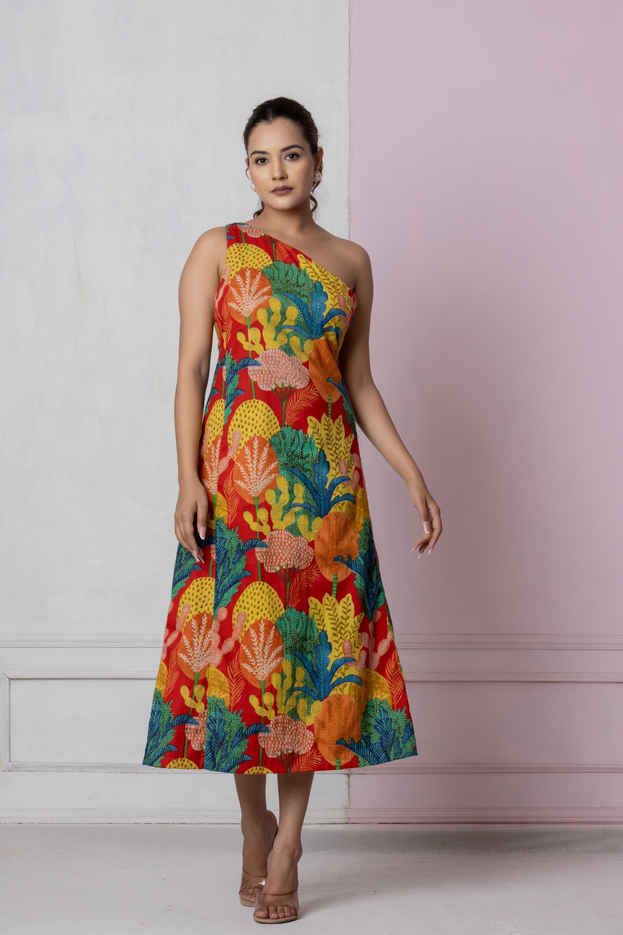 Tropical One-Shoulder Midi Dress