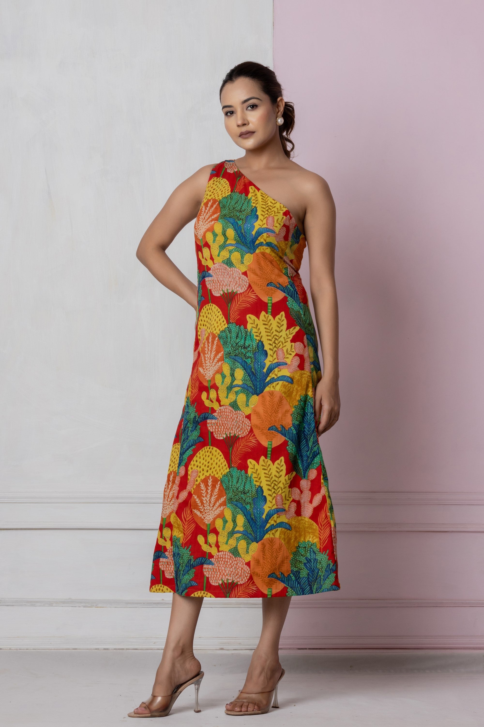 Tropical One-Shoulder Midi Dress