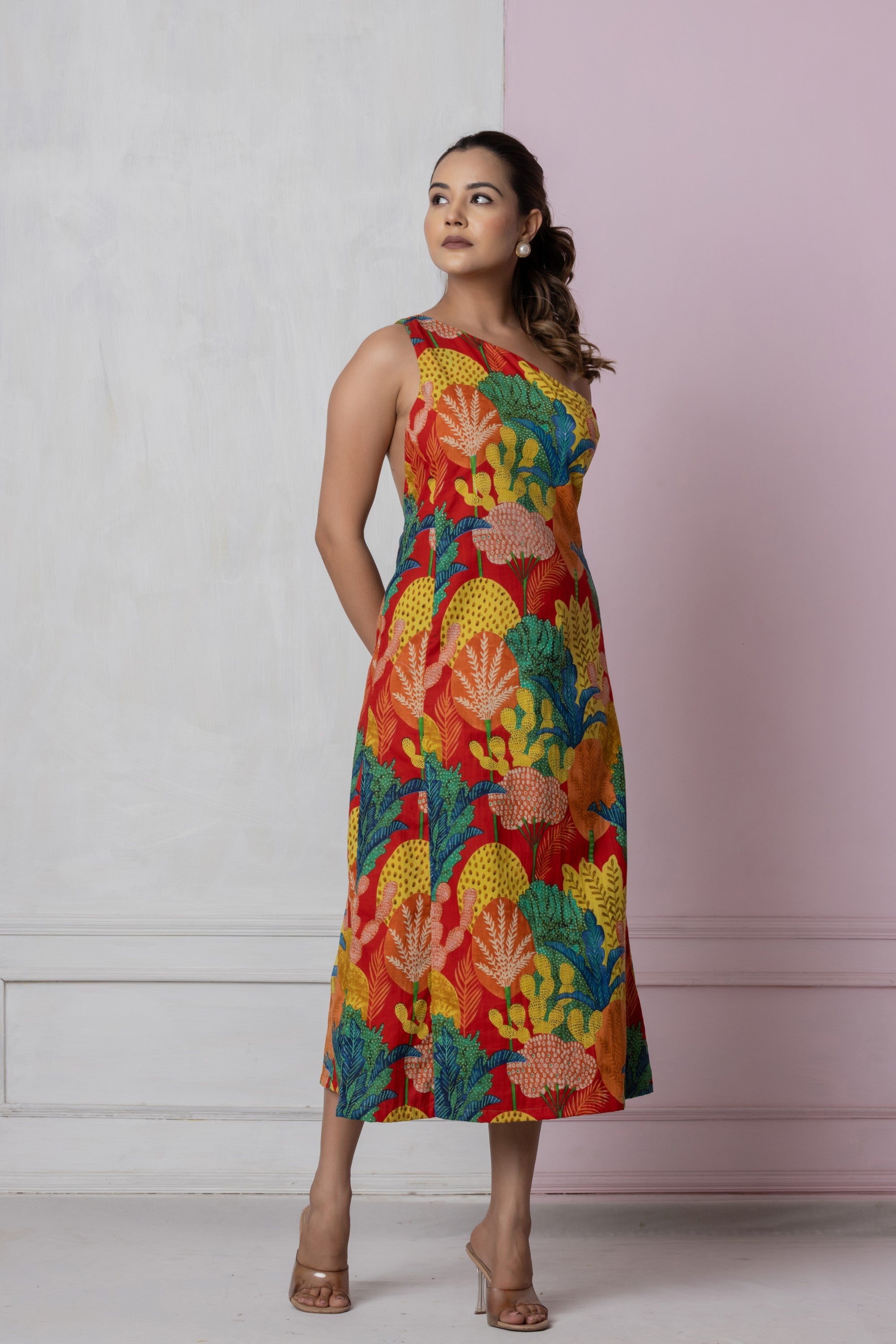 Tropical One-Shoulder Midi Dress