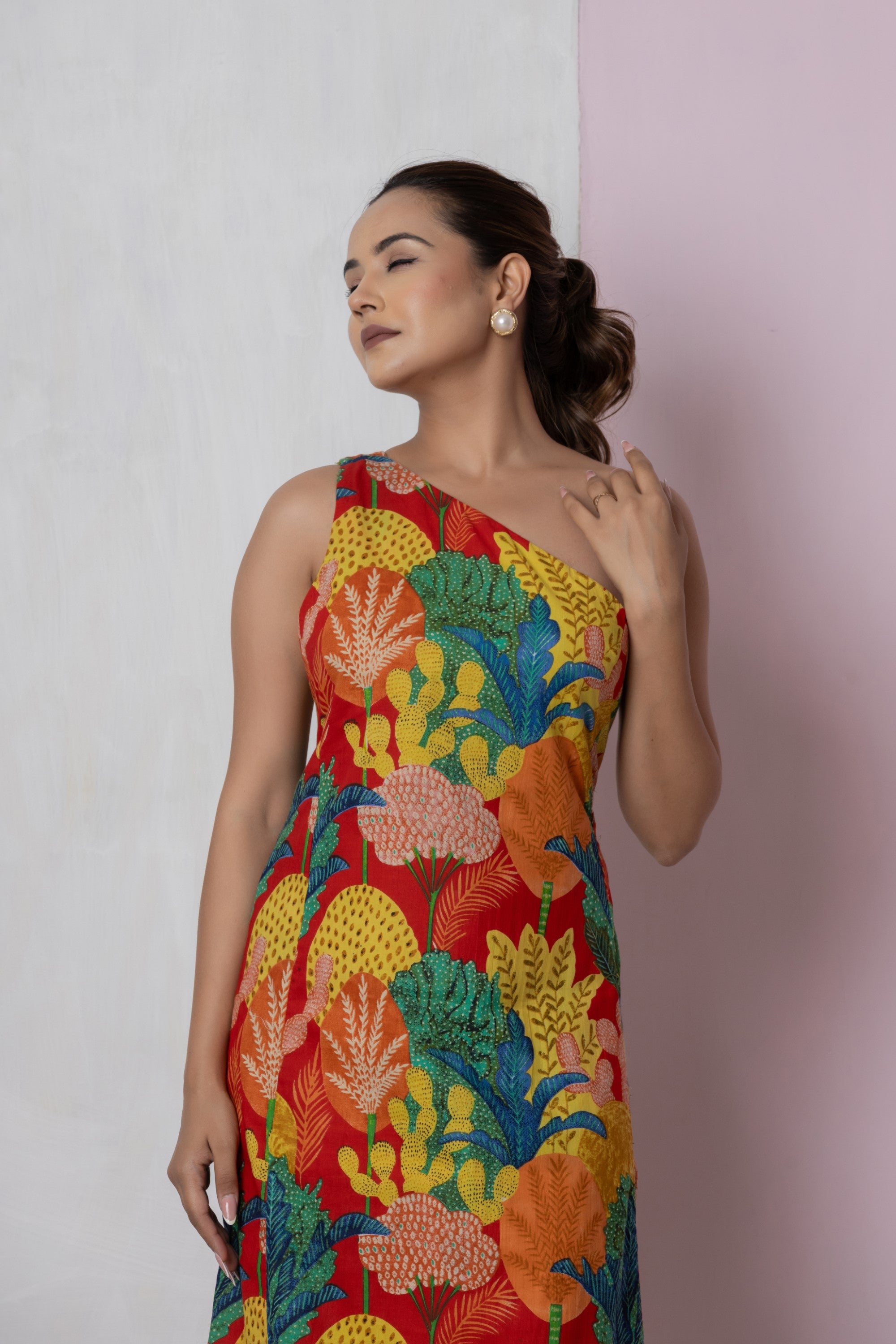 Tropical One-Shoulder Midi Dress