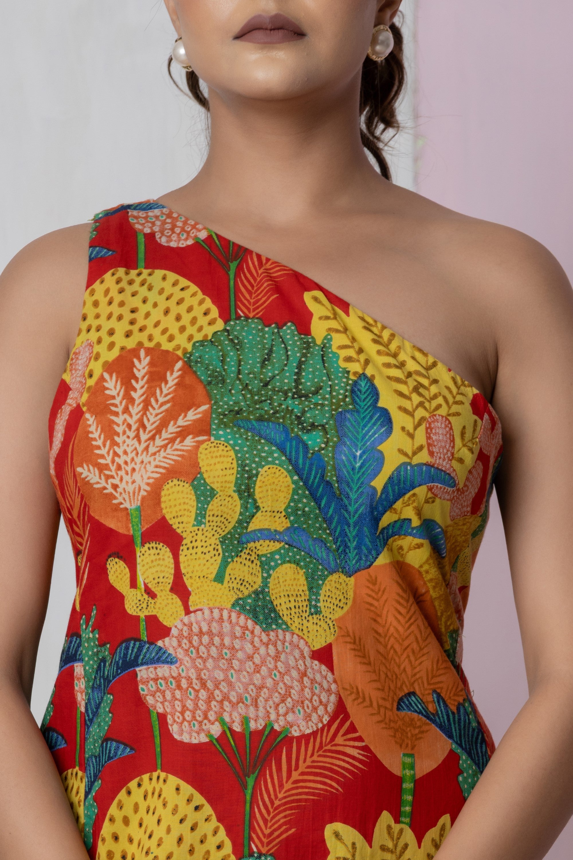 Tropical One-Shoulder Midi Dress