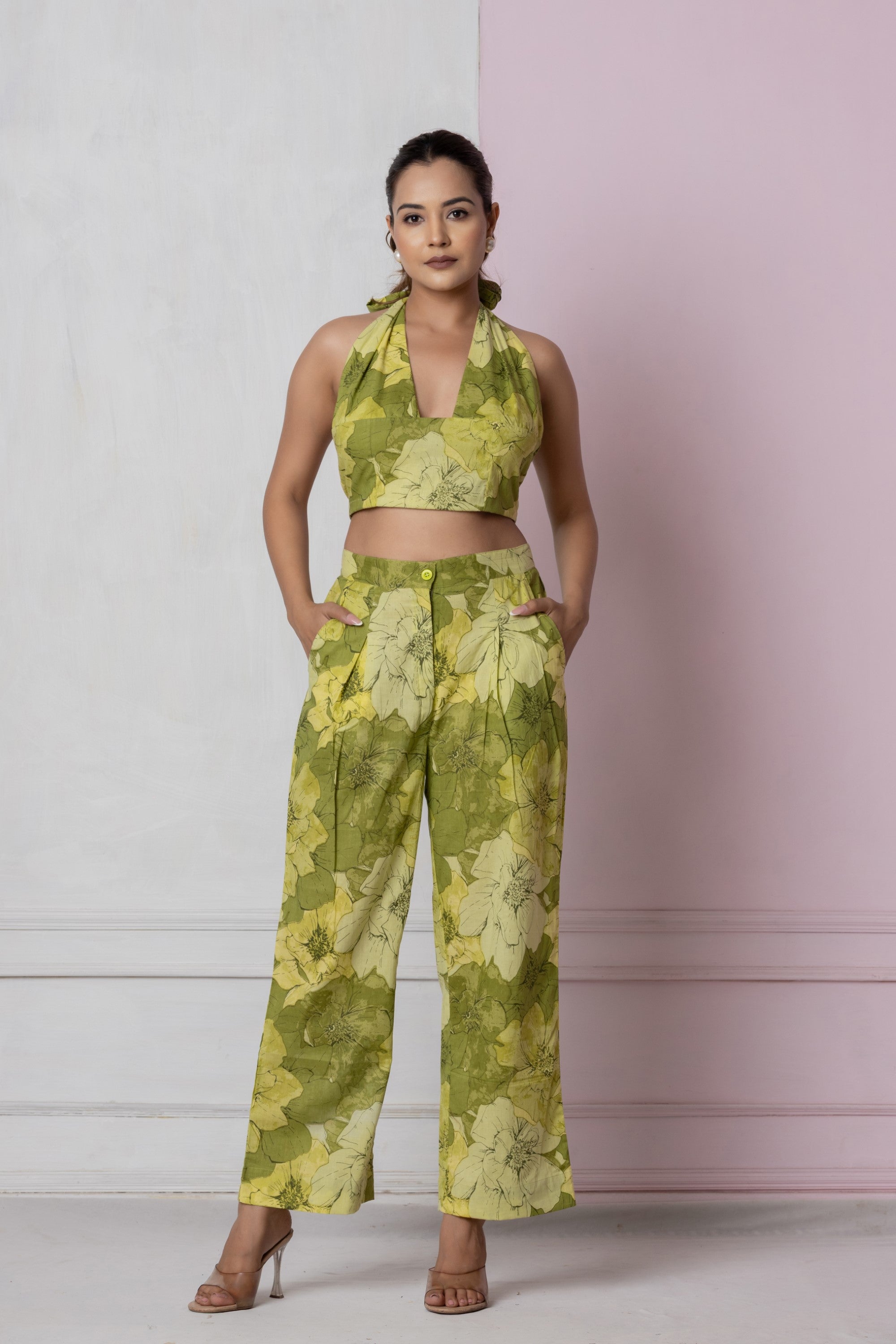 Olive Bloom Halter Co-ord Set (Trousers)