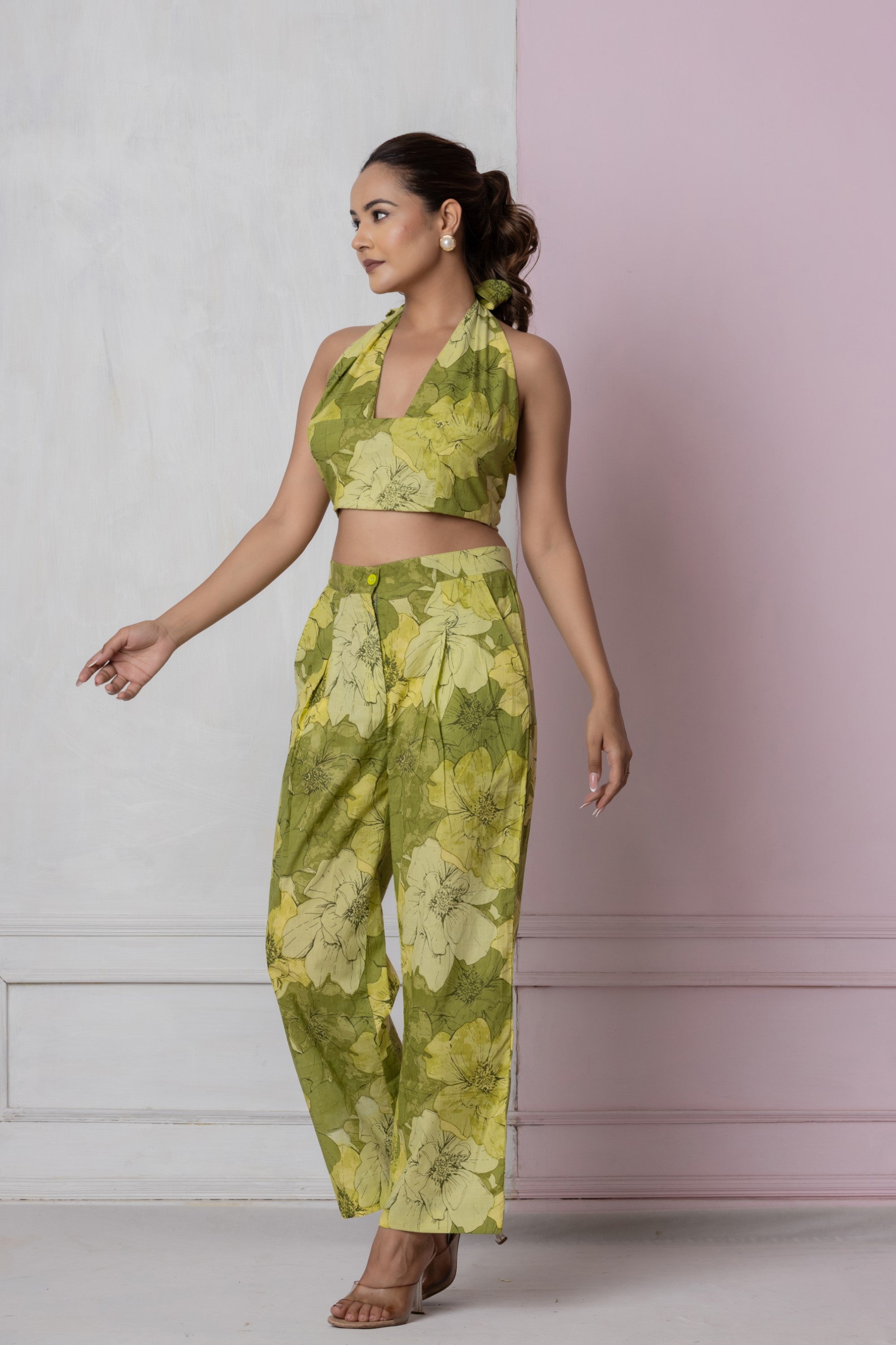 Olive Bloom Halter Co-ord Set (Trousers)