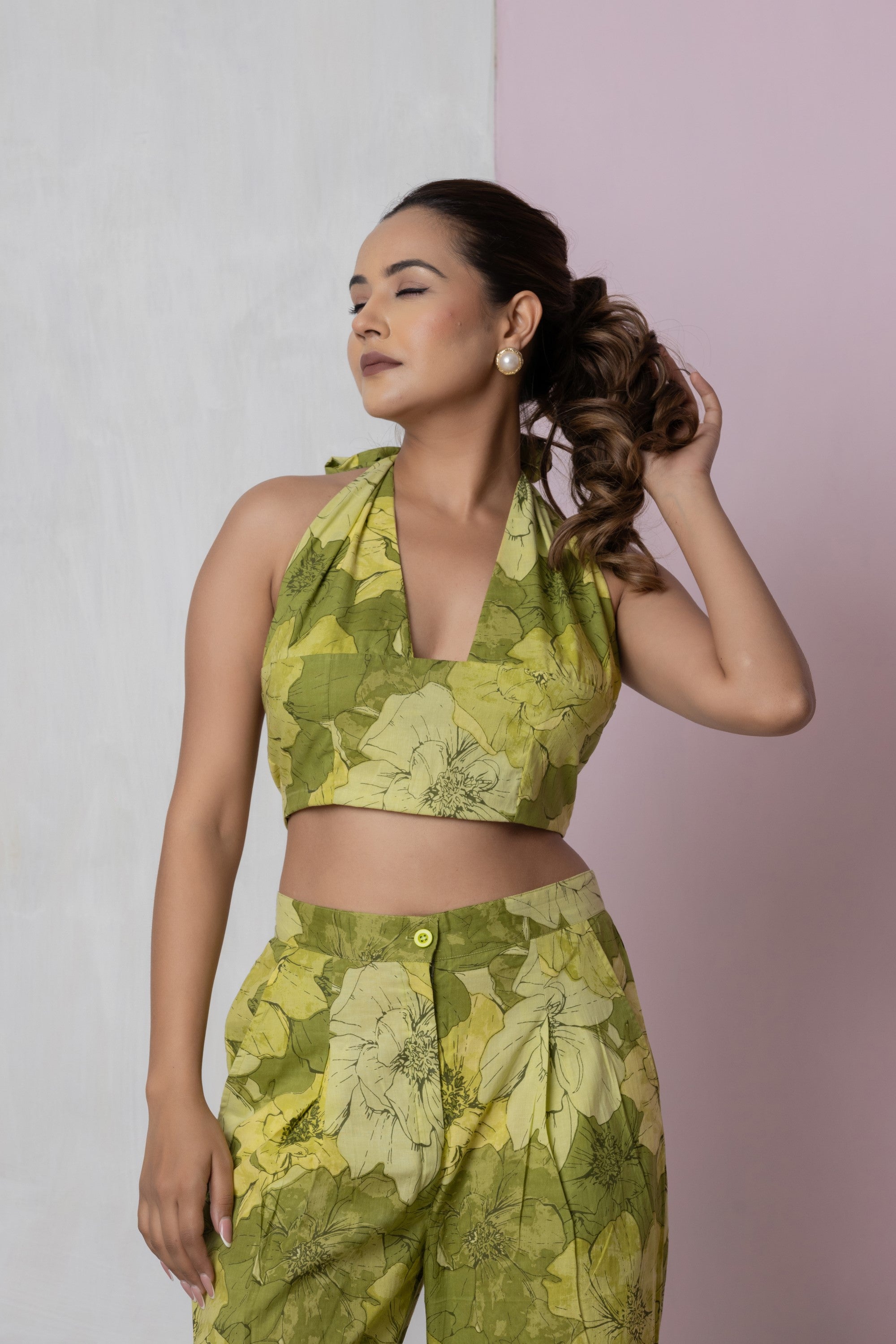 Olive Bloom Halter Co-ord Set (Trousers)