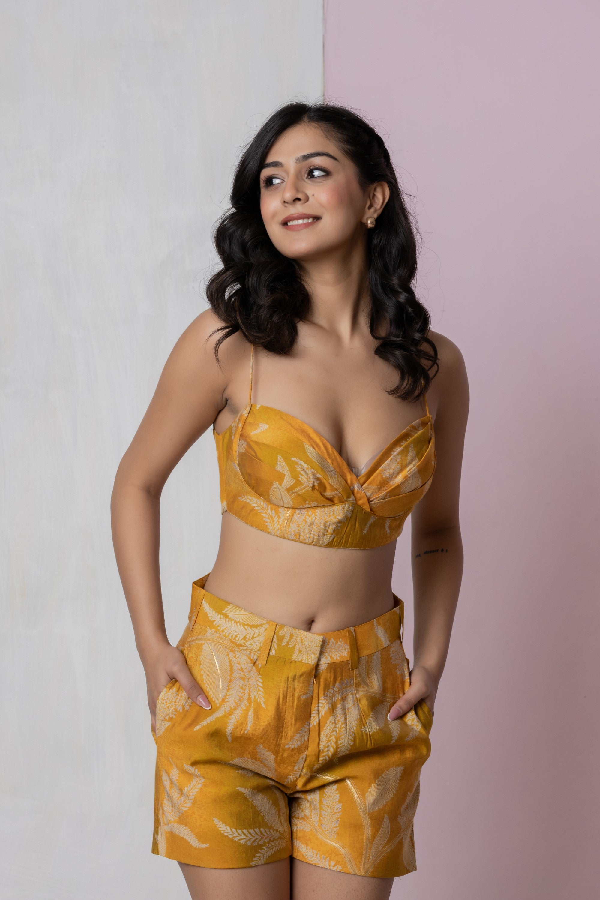 Mustard Botanical Bralette and Shorts Set